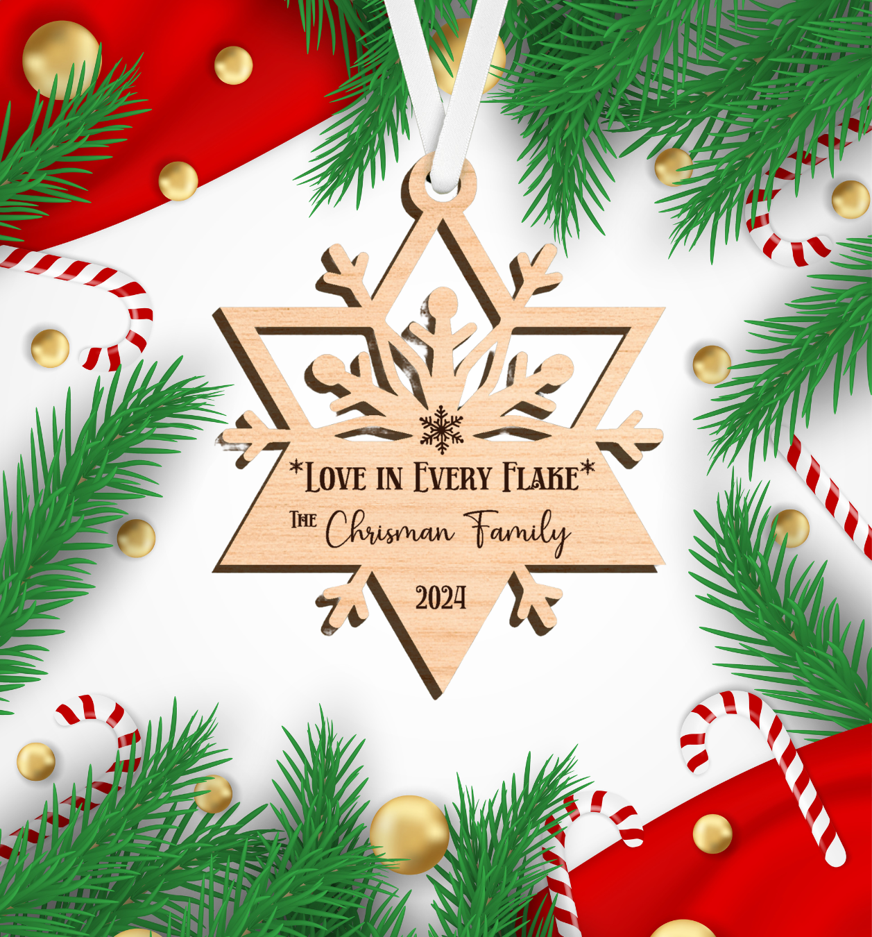 Personalized Wood Ornament, Family Name on Wood Snowflake, Laser cut , Beautiful crafted snowflake, Family name and year, Timeless Holiday Keepsake, "Love in every flake"