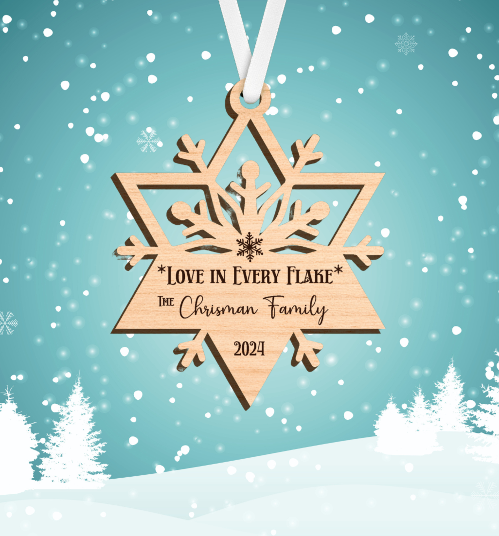 Personalized Wood Ornament, Family Name on Wood Snowflake, Laser cut , Beautiful crafted snowflake, Family name and year, Timeless Holiday Keepsake, "Love in every flake"