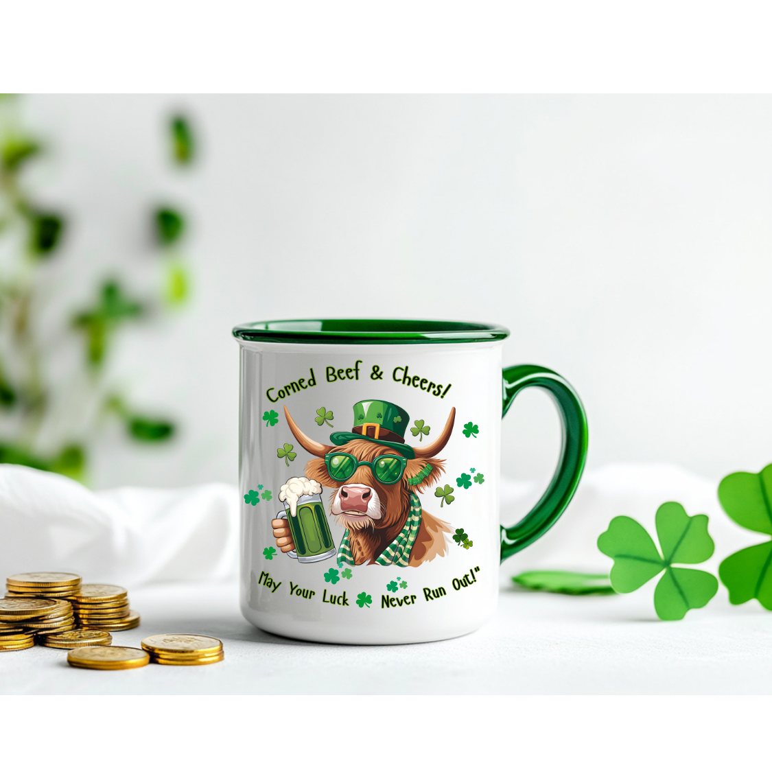 St. Patrick's Day Highlander Cow Mug - Lucky Cheers Coffee Cup Corned Beef, May Your Luck Never Run Out