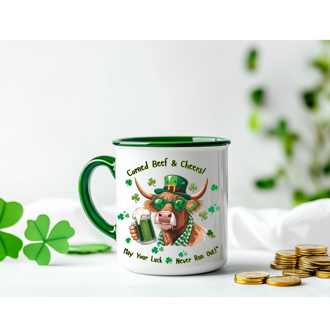 St. Patrick's Day Highlander Cow Mug - Lucky Cheers Coffee Cup Corned Beef, May Your Luck Never Run Out