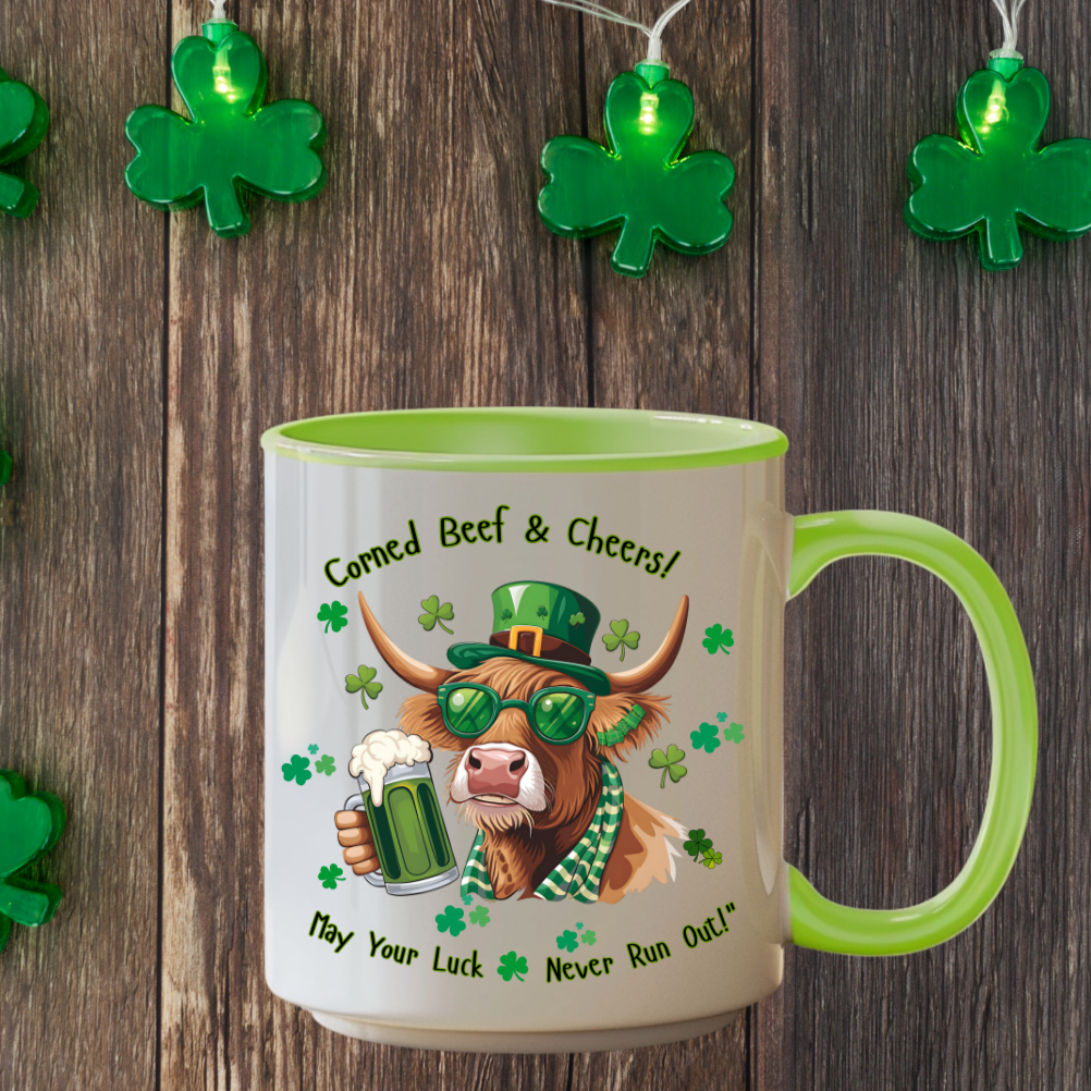 St. Patrick's Day Highlander Cow Mug - Lucky Cheers Coffee Cup Corned Beef, May Your Luck Never Run Out
