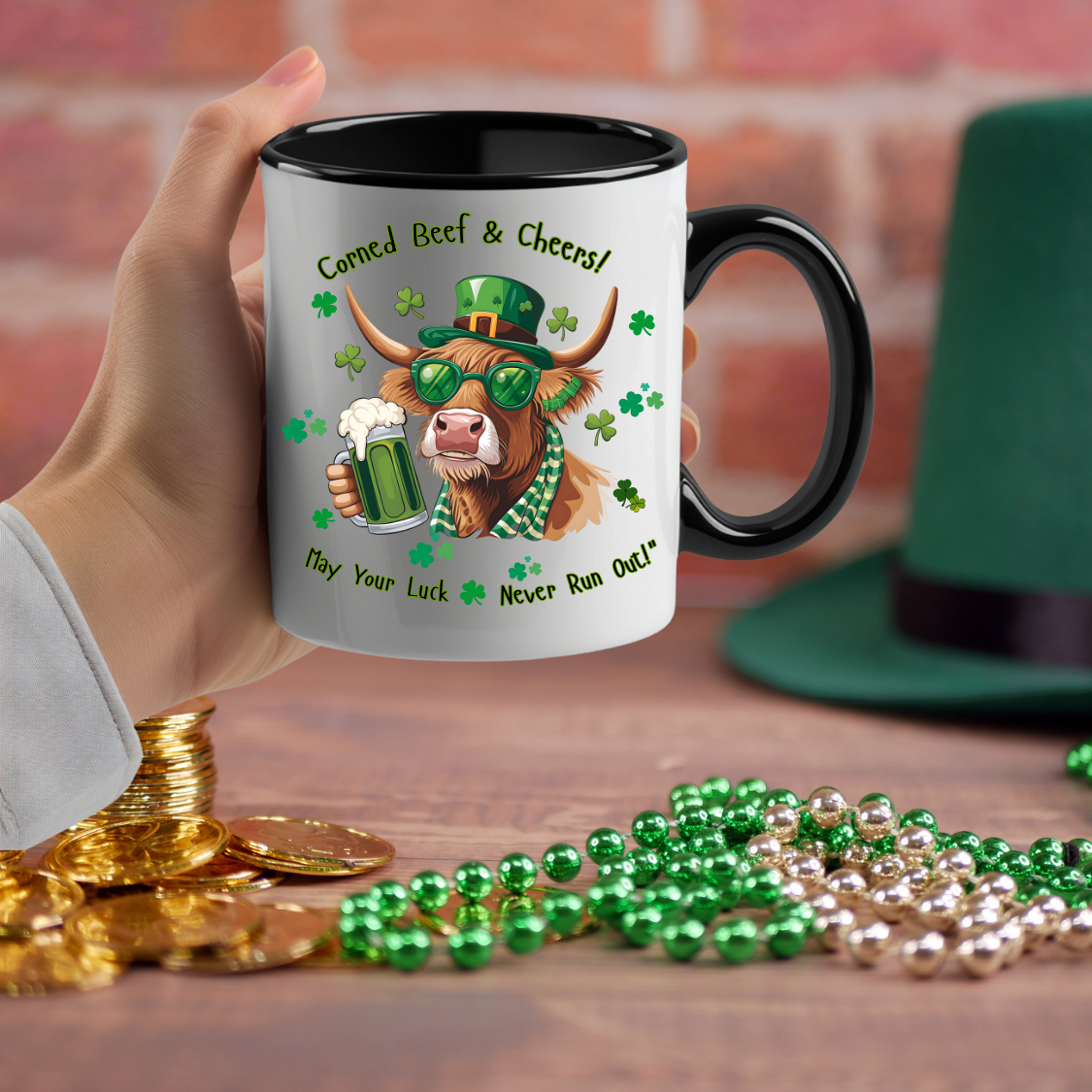 St. Patrick's Day Highlander Cow Mug - Lucky Cheers Coffee Cup Corned Beef, May Your Luck Never Run Out
