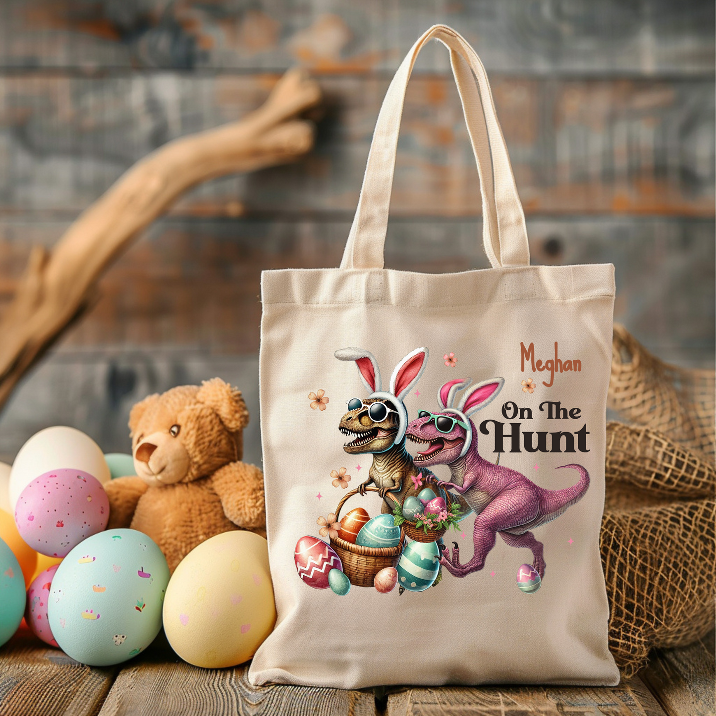 Easter Tote, Egg hunting, Personalized Tote, Dinosaurs "On the Hunt" for Easter Eggs