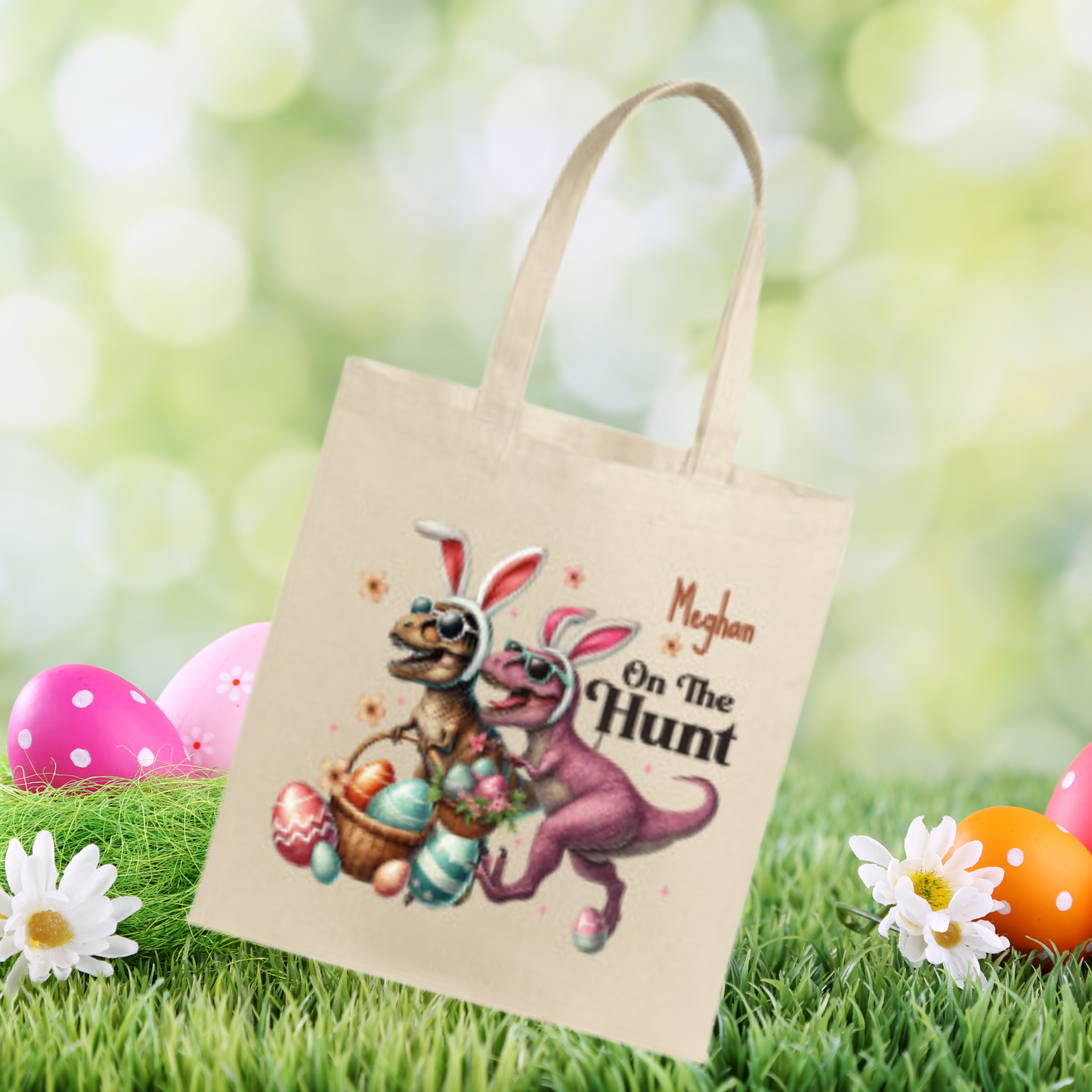 Easter Tote, Egg hunting, Personalized Tote, Dinosaurs "On the Hunt" for Easter Eggs