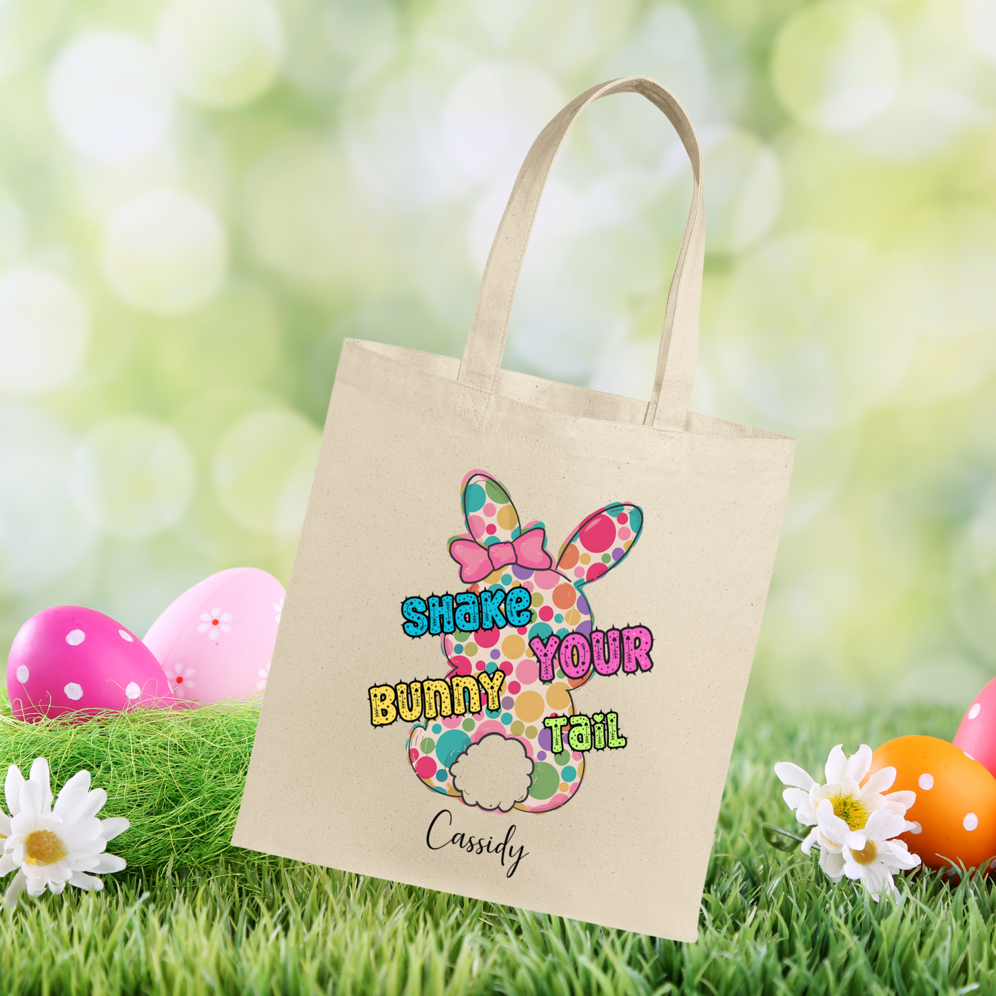 Personalized Easter Tote, kids Easter hunting basket with Easter bunny and Easter Colors, Special Easter Gift