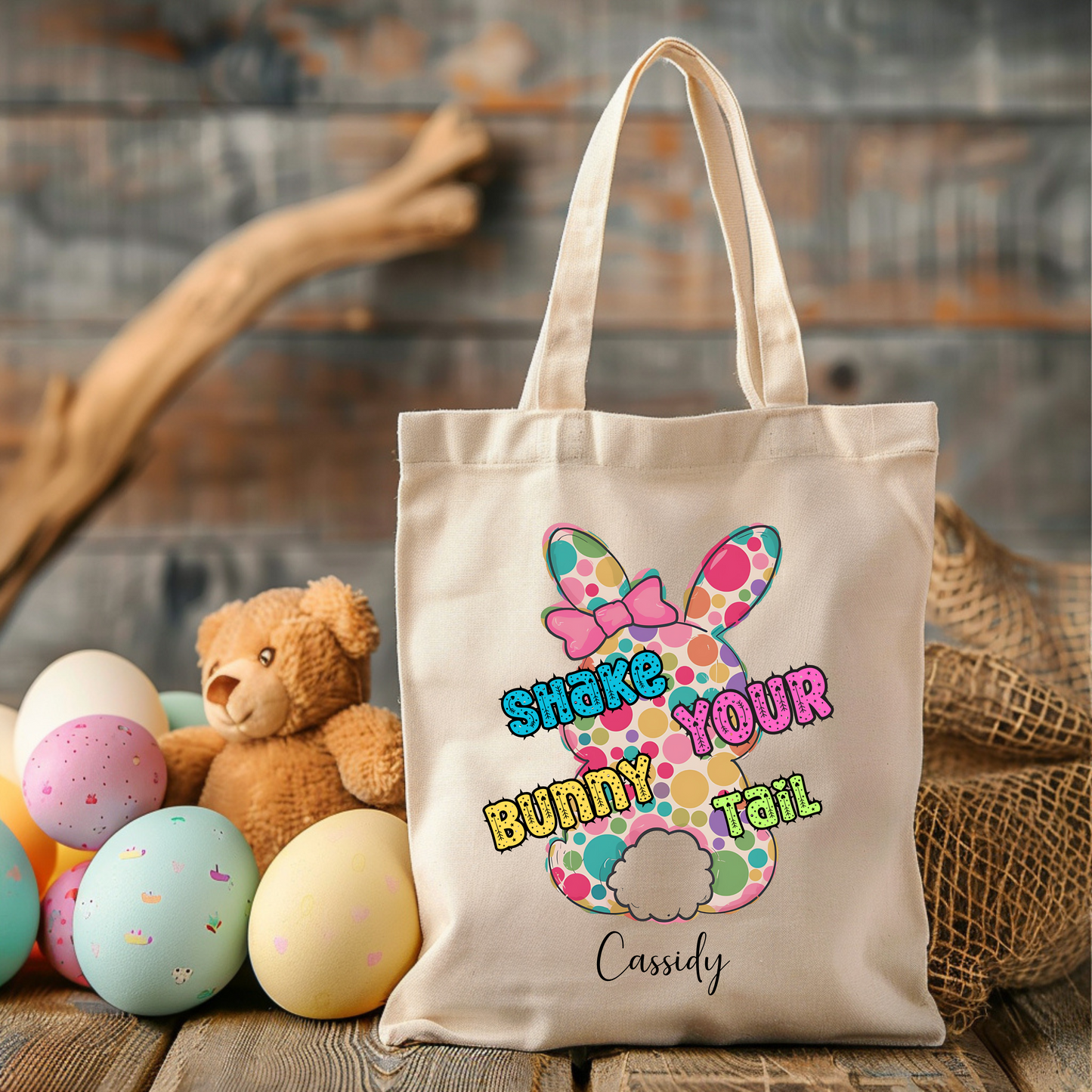 Personalized Easter Tote, kids Easter hunting basket with Easter bunny and Easter Colors, Special Easter Gift