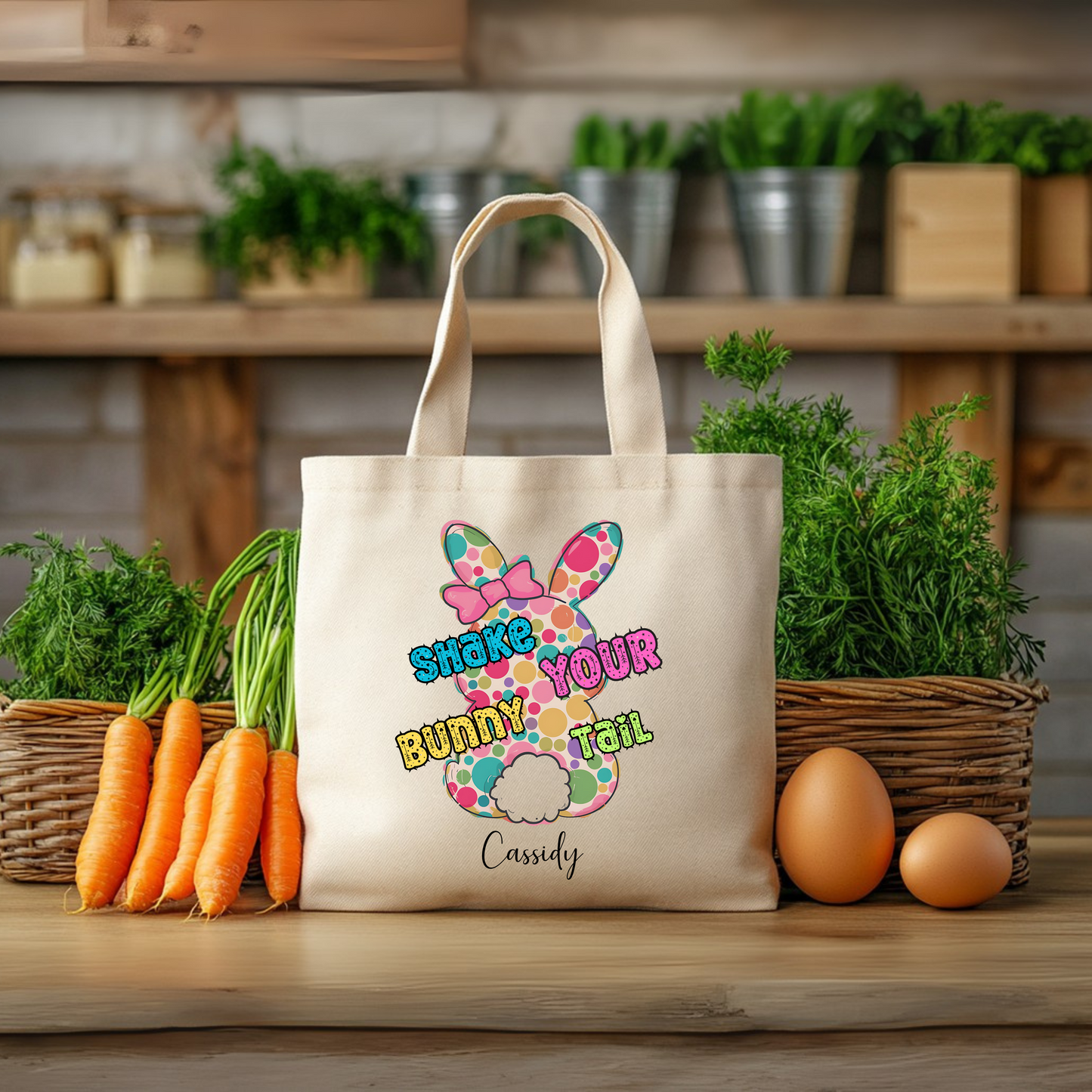 Personalized Easter Tote, kids Easter hunting basket with Easter bunny and Easter Colors, Special Easter Gift