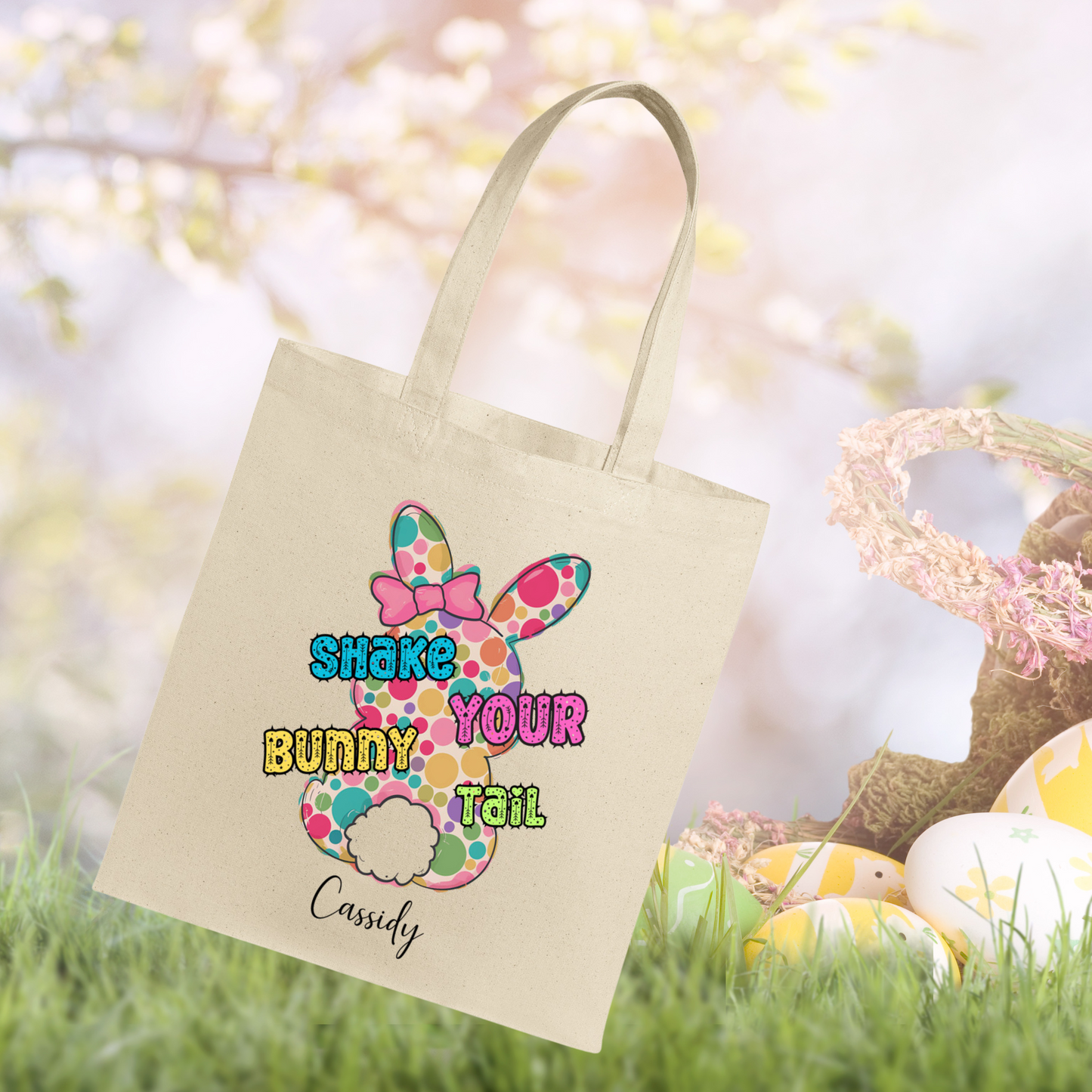Personalized Easter Tote, kids Easter hunting basket with Easter bunny and Easter Colors, Special Easter Gift