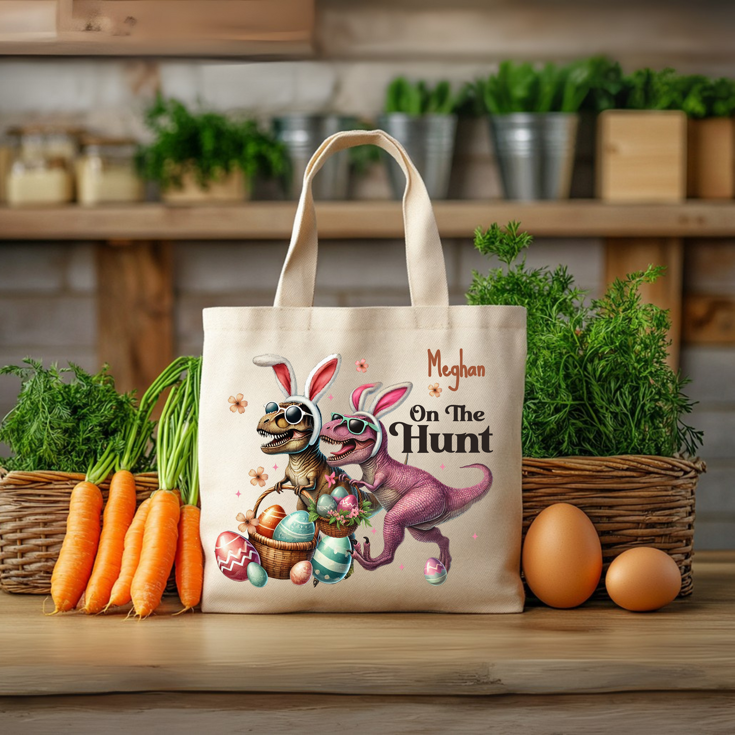 Easter Tote, Egg hunting, Personalized Tote, Dinosaurs "On the Hunt" for Easter Eggs