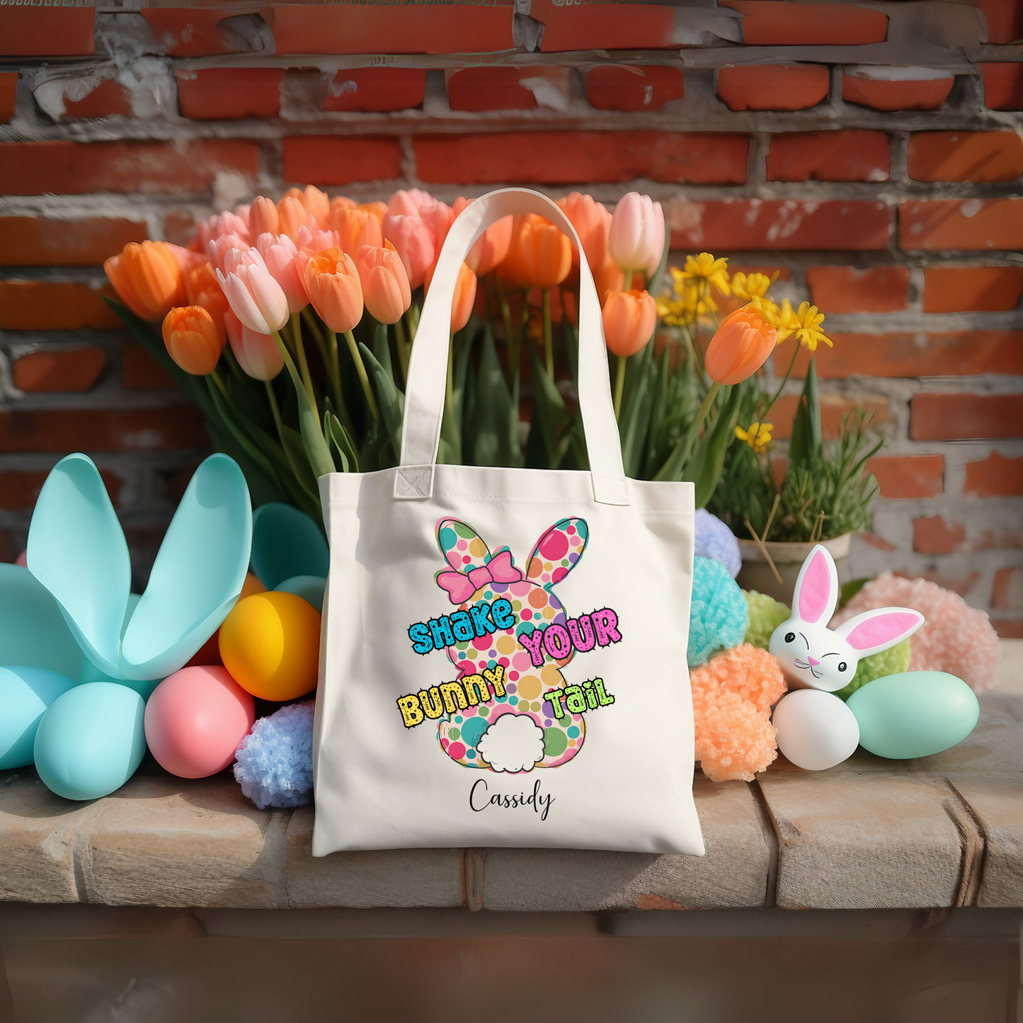 Personalized Easter Tote, kids Easter hunting basket with Easter bunny and Easter Colors, Special Easter Gift