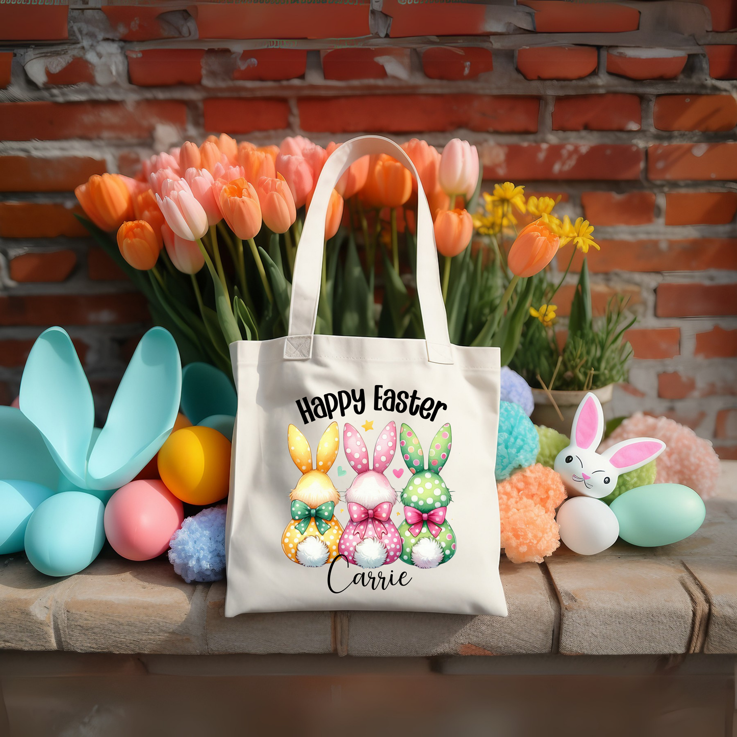 Personalized Easter Bunny Tote Bag – Cute Pastel Bunny Trio with Bows & Happy Easter Text – Custom Canvas Bag for Easter Gifts & Spring Shopping