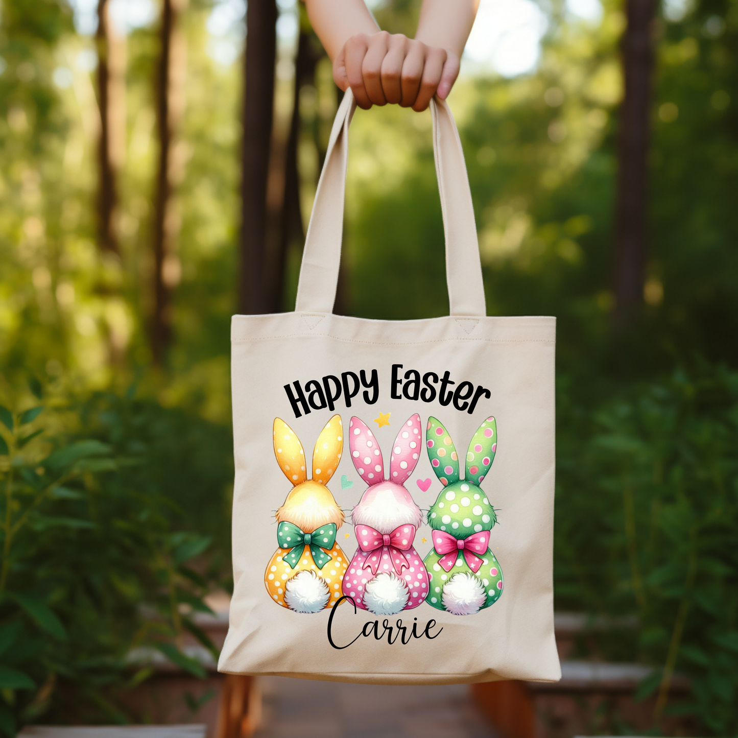 Personalized Easter Bunny Tote Bag – Cute Pastel Bunny Trio with Bows & Happy Easter Text – Custom Canvas Bag for Easter Gifts & Spring Shopping