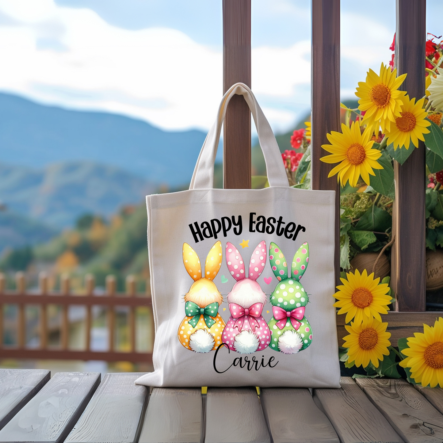 Personalized Easter Bunny Tote Bag – Cute Pastel Bunny Trio with Bows & Happy Easter Text – Custom Canvas Bag for Easter Gifts & Spring Shopping