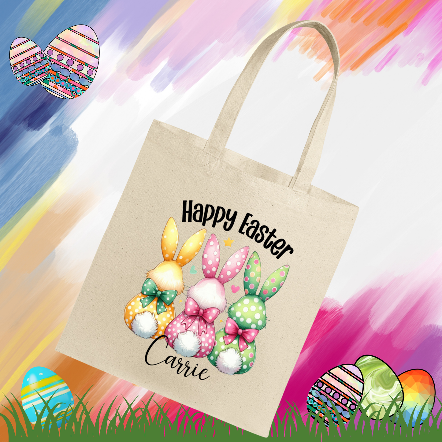 Personalized Easter Bunny Tote Bag – Cute Pastel Bunny Trio with Bows & Happy Easter Text – Custom Canvas Bag for Easter Gifts & Spring Shopping