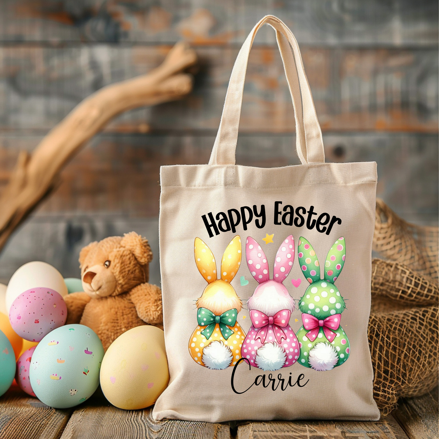 Personalized Easter Bunny Tote Bag – Cute Pastel Bunny Trio with Bows & Happy Easter Text – Custom Canvas Bag for Easter Gifts & Spring Shopping