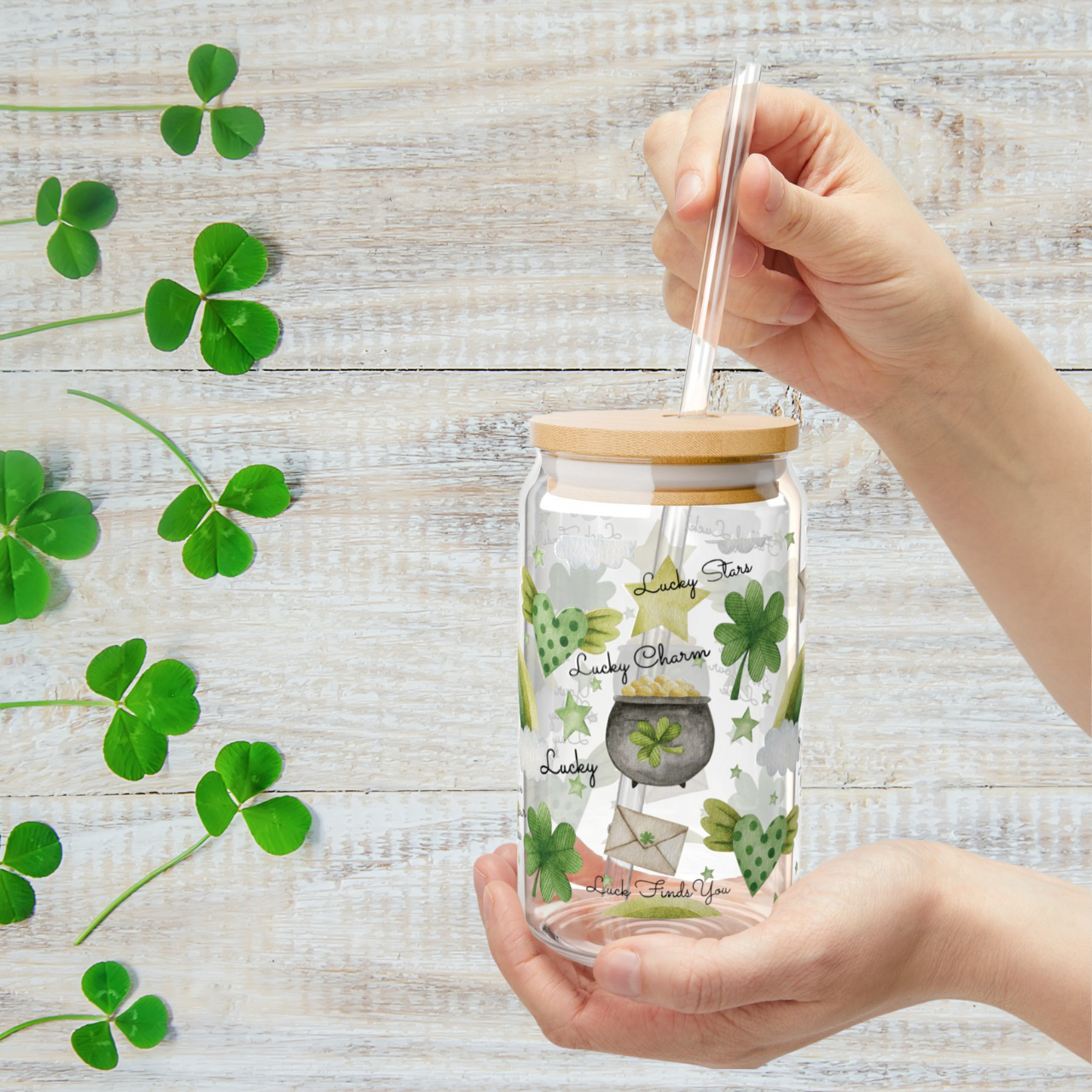 St. Patrick's Day Lucky Sipper Glass Your Lucky Day, Watercolor Hearts, stars shamrocks
