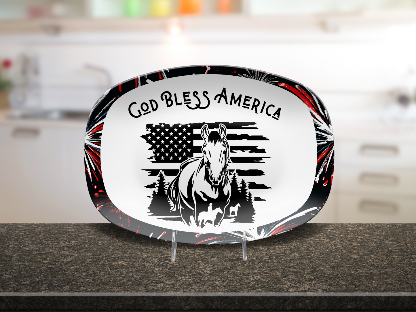 God Bless America Horse Platter, Unbreakable Patriotic Serving Tray Dinnerware, 4th of July Celebration, Ranch Cookouts, Farmhouse Platter