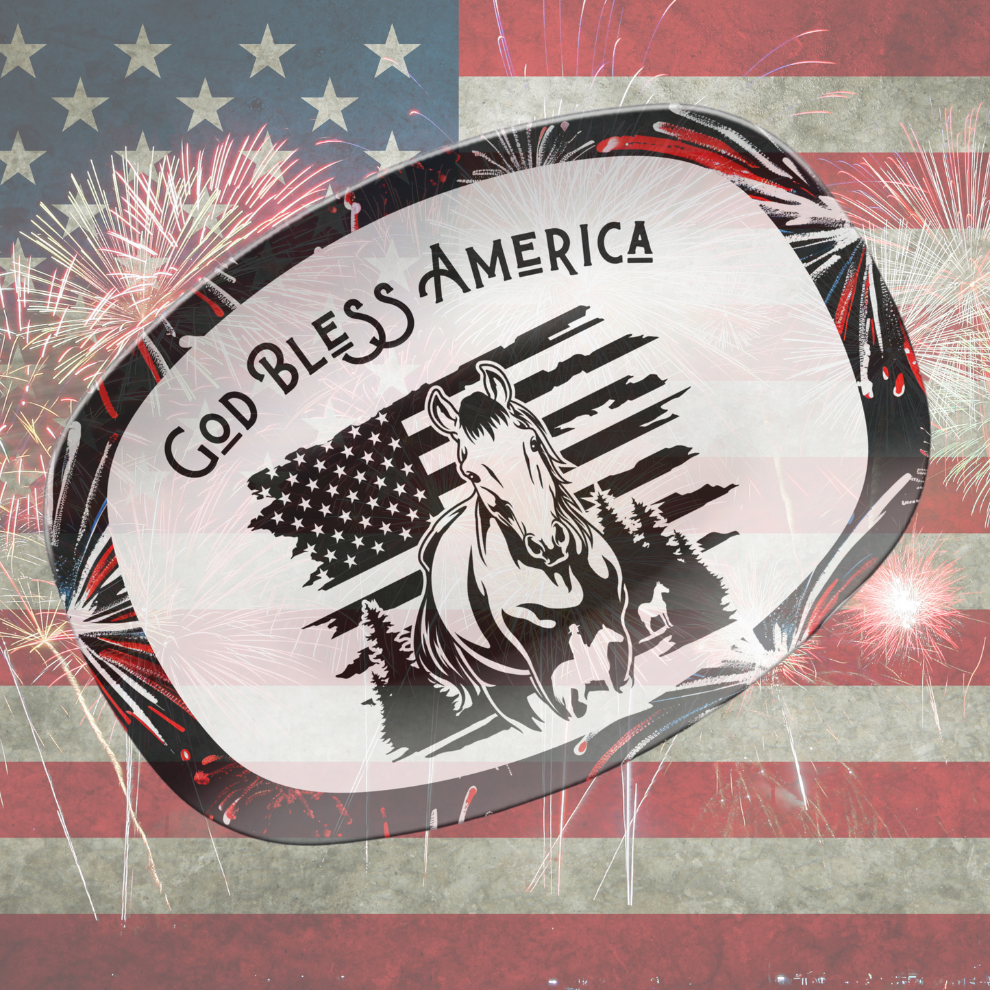 God Bless America Horse Platter, Unbreakable Patriotic Serving Tray Dinnerware, 4th of July Celebration, Ranch Cookouts, Farmhouse Platter