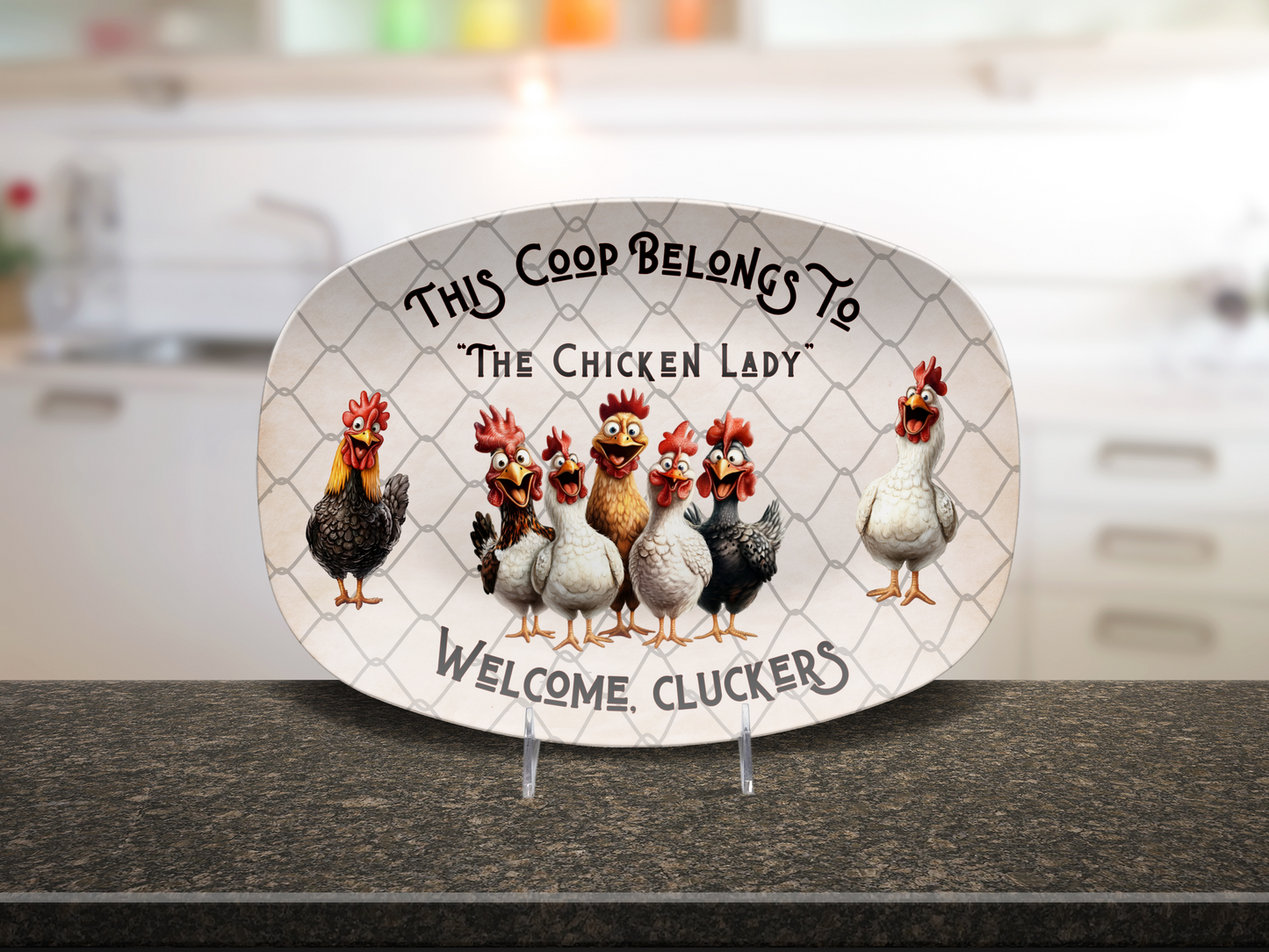 Chicken Lady Coop Platter Funny Chicken Wire Farmhouse Decor, Welcome Clucker,s Unbreakable Kitchen Platter, Chicken Lovers gift, Farm gift, Made USA
