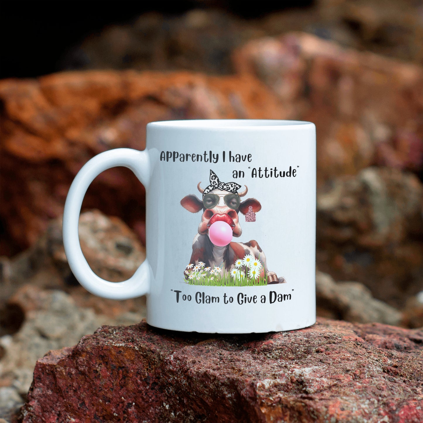I have an Attitude Cow Mug, Cow Lovers, This Cow is too Glam to Give a Dam, She wears a scarf and bubble gum, Great gift for friend