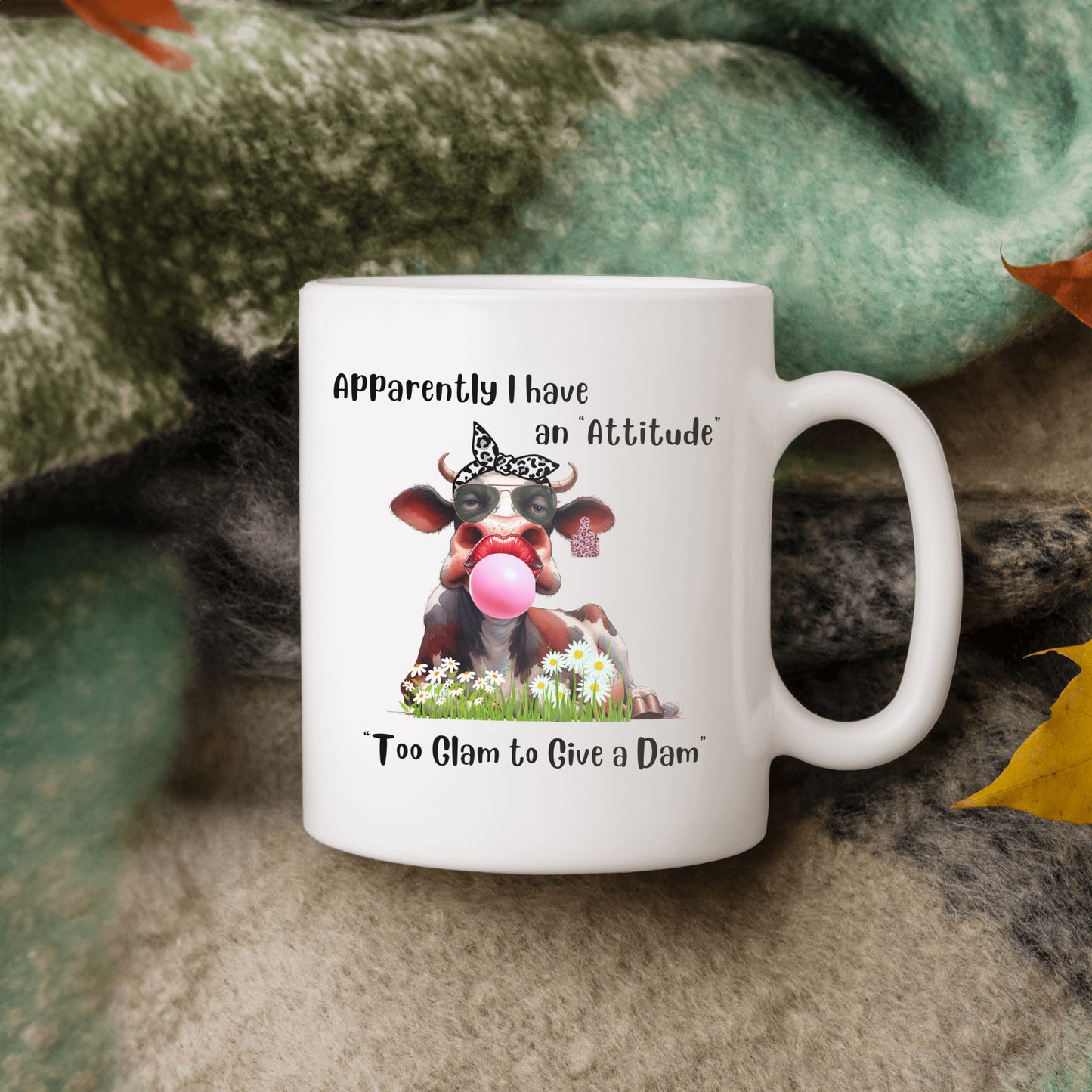I have an Attitude Cow Mug, Cow Lovers, This Cow is too Glam to Give a Dam, She wears a scarf and bubble gum, Great gift for friend