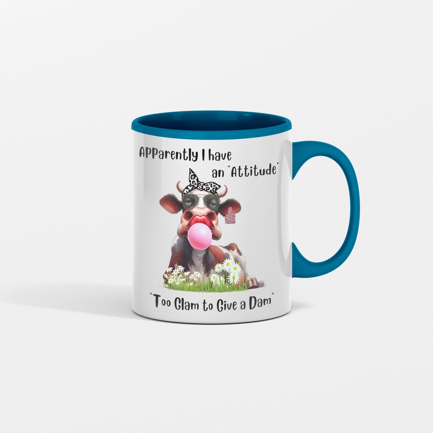I have an Attitude Cow Mug, Cow Lovers, This Cow is too Glam to Give a Dam, She wears a scarf and bubble gum, Great gift for friend