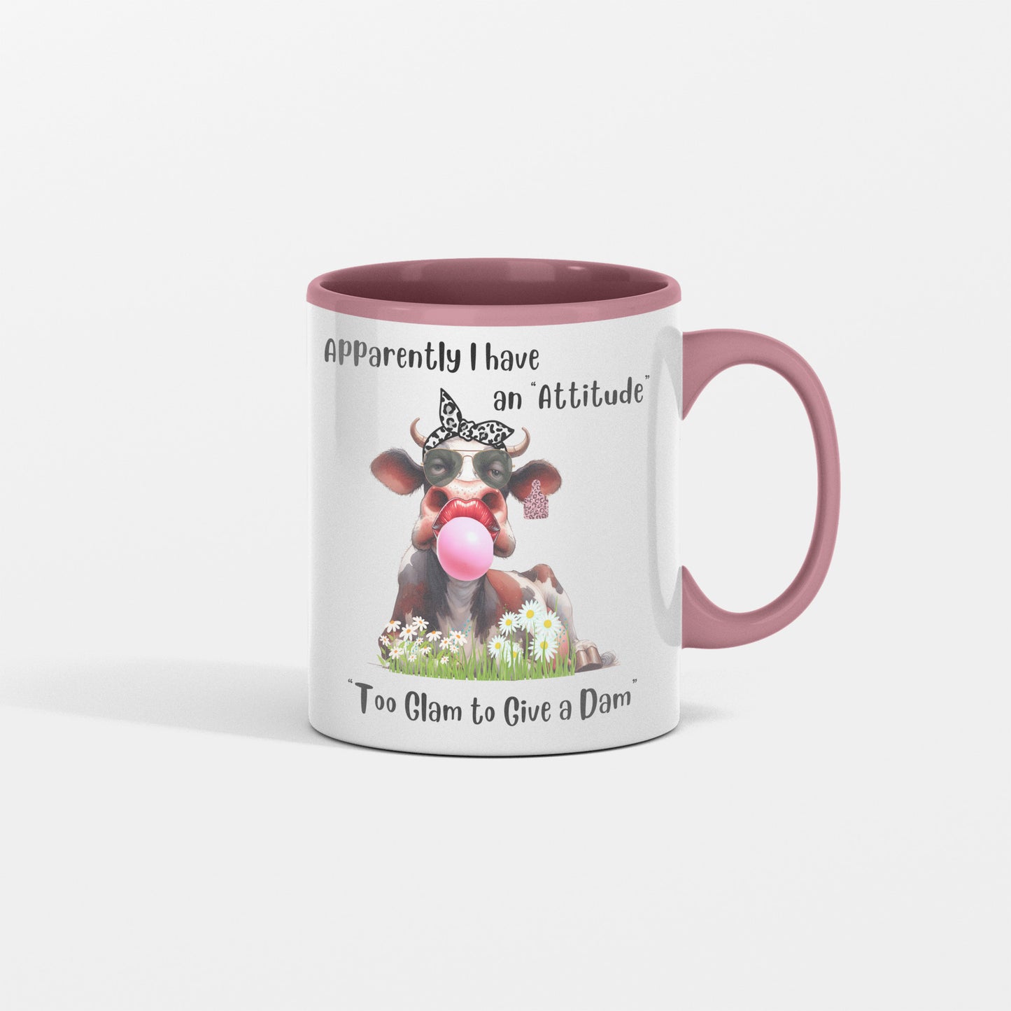 I have an Attitude Cow Mug, Cow Lovers, This Cow is too Glam to Give a Dam, She wears a scarf and bubble gum, Great gift for friend