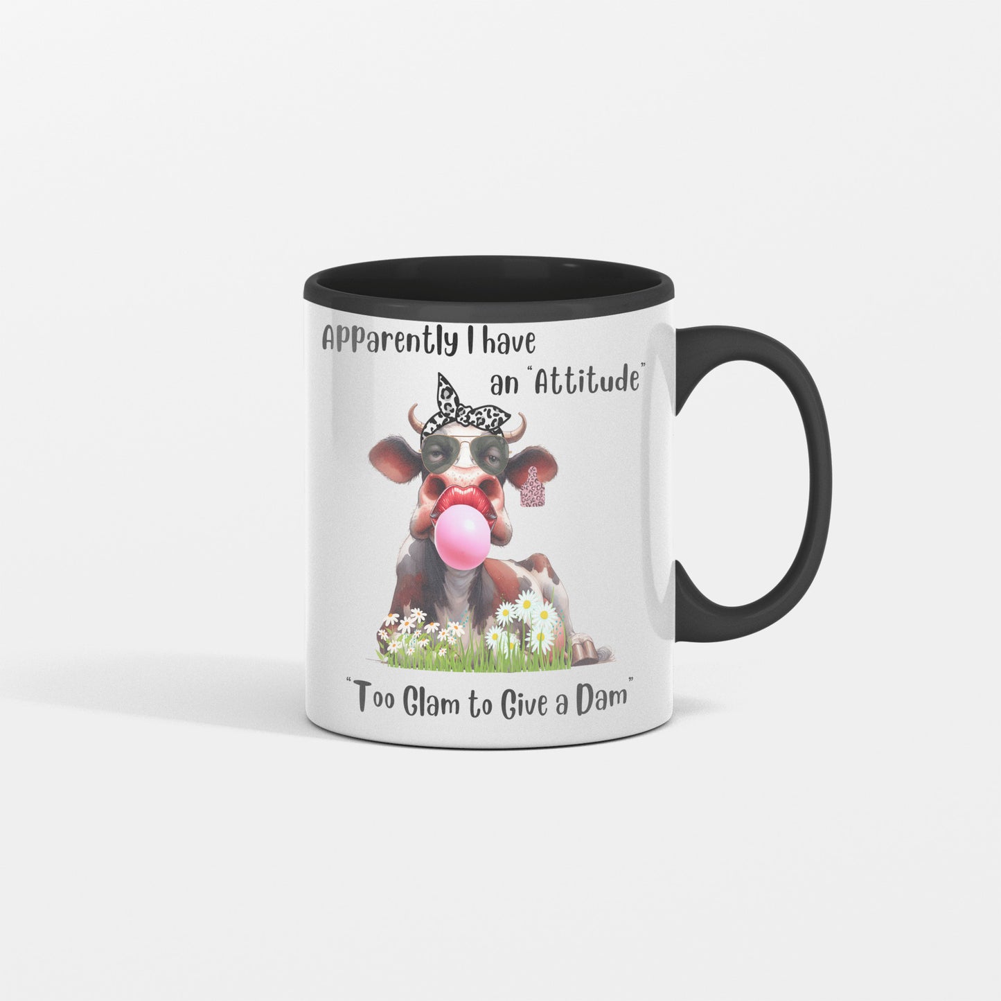 I have an Attitude Cow Mug, Cow Lovers, This Cow is too Glam to Give a Dam, She wears a scarf and bubble gum, Great gift for friend