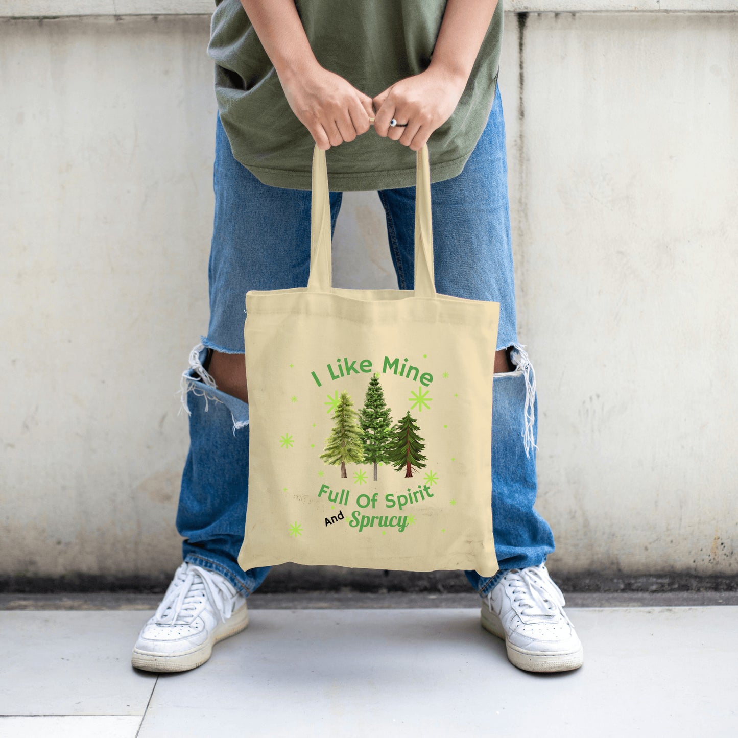 Christmas Tote, I Like Mine Sprucy Tote, Cute Tote with Christmas Trees, Gift for mom, Grandma, Sister, Friend, Teen