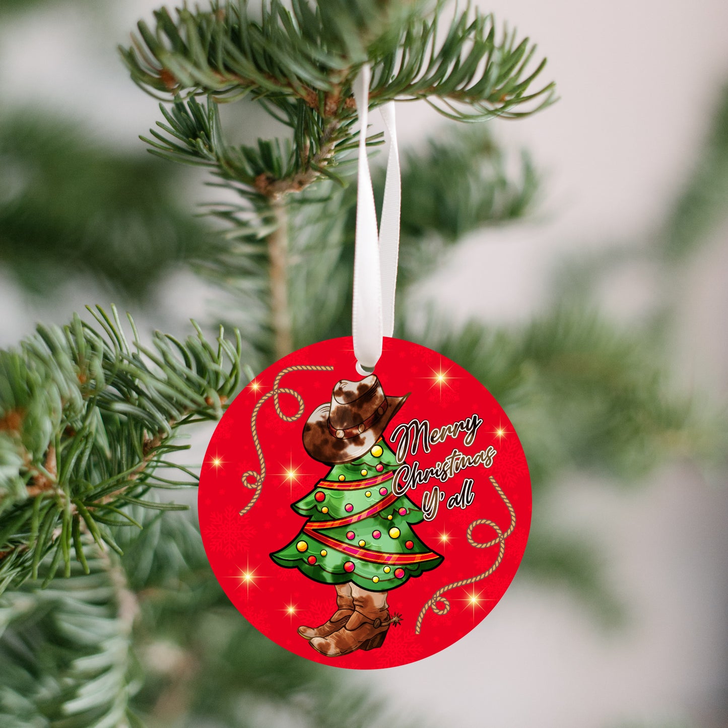 Merry Christmas Y'All, Western Christmas Ornament, Hat, Tree & Boots, Cowboy, Cowgirl Gift