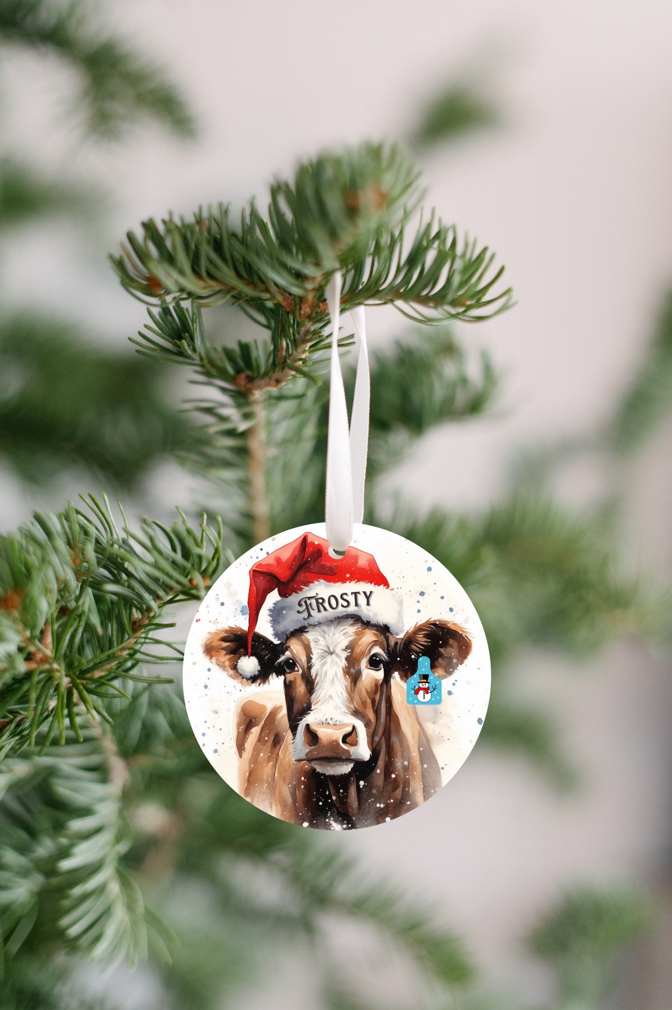 Christmas Cow Ornament with her matching Frosty Ear Tag and Santa Hat, Gift for cow lovers, Country Christmas