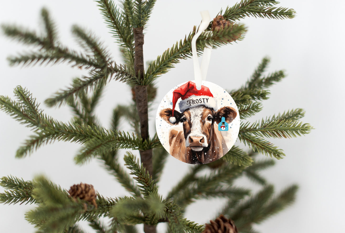 Christmas Cow Ornament with her matching Frosty Ear Tag and Santa Hat, Gift for cow lovers, Country Christmas