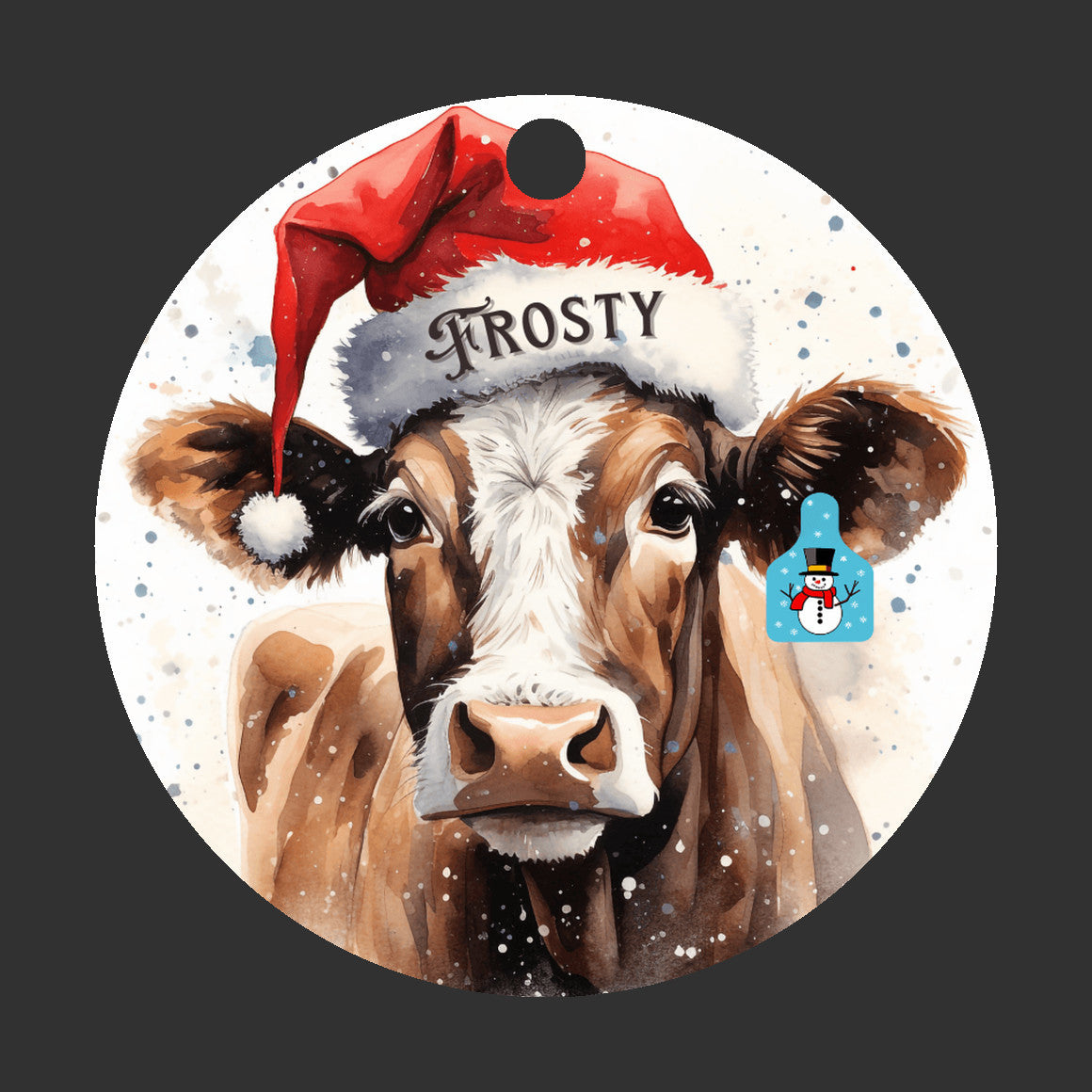 Christmas Cow Ornament with her matching Frosty Ear Tag and Santa Hat, Gift for cow lovers, Country Christmas