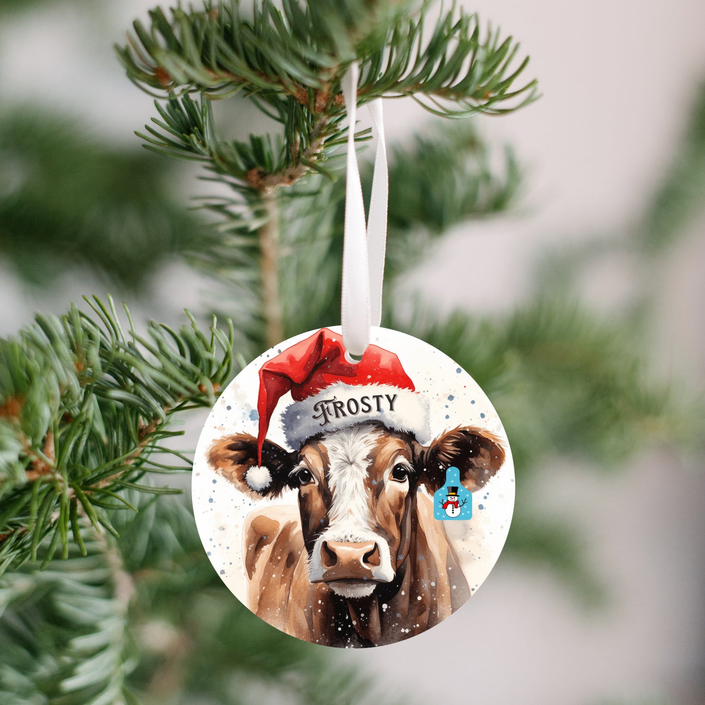 Christmas Cow Ornament with her matching Frosty Ear Tag and Santa Hat, Gift for cow lovers, Country Christmas