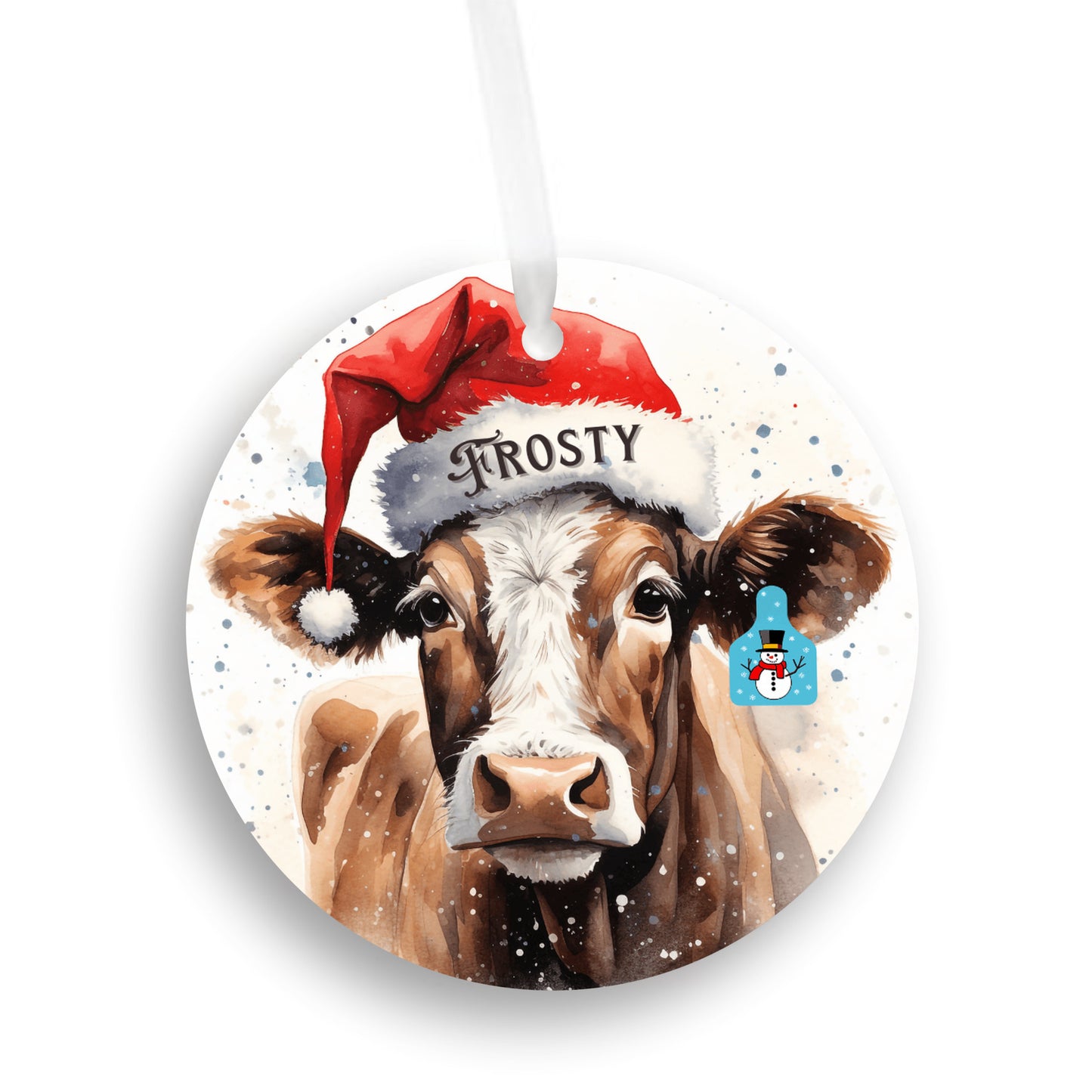 Christmas Cow Ornament with her matching Frosty Ear Tag and Santa Hat, Gift for cow lovers, Country Christmas