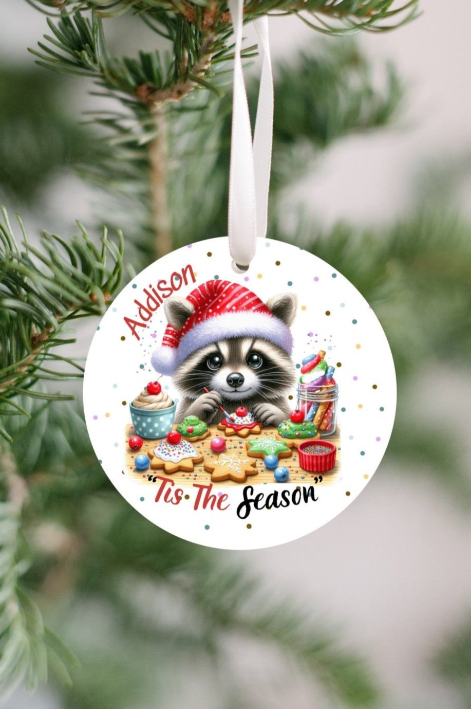 Personalized Merry Christmas Cute Raccoon Ornament, Tis the Season, Grandkids, Niece, Nephew, So Cute