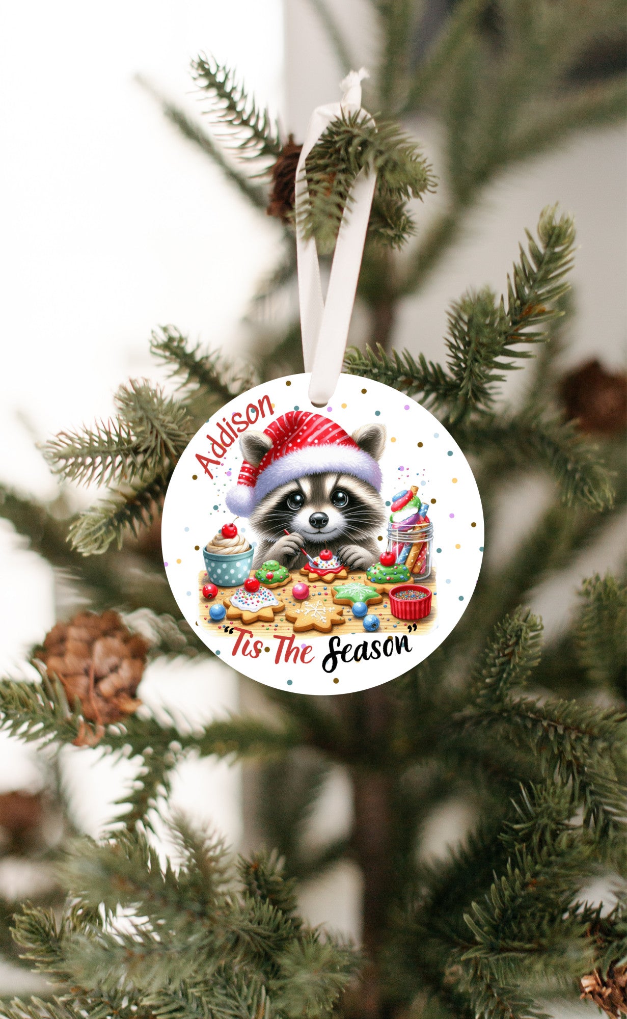 Personalized Merry Christmas Cute Raccoon Ornament, Tis the Season, Grandkids, Niece, Nephew, So Cute