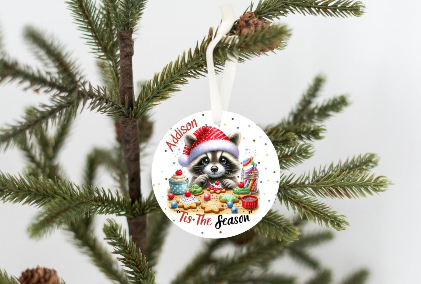 Personalized Merry Christmas Cute Raccoon Ornament, Tis the Season, Grandkids, Niece, Nephew, So Cute
