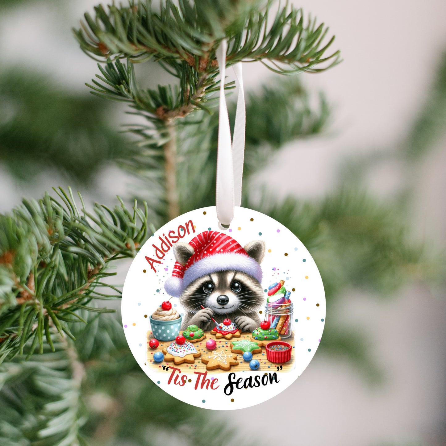 Personalized Merry Christmas Cute Raccoon Ornament, Tis the Season, Grandkids, Niece, Nephew, So Cute