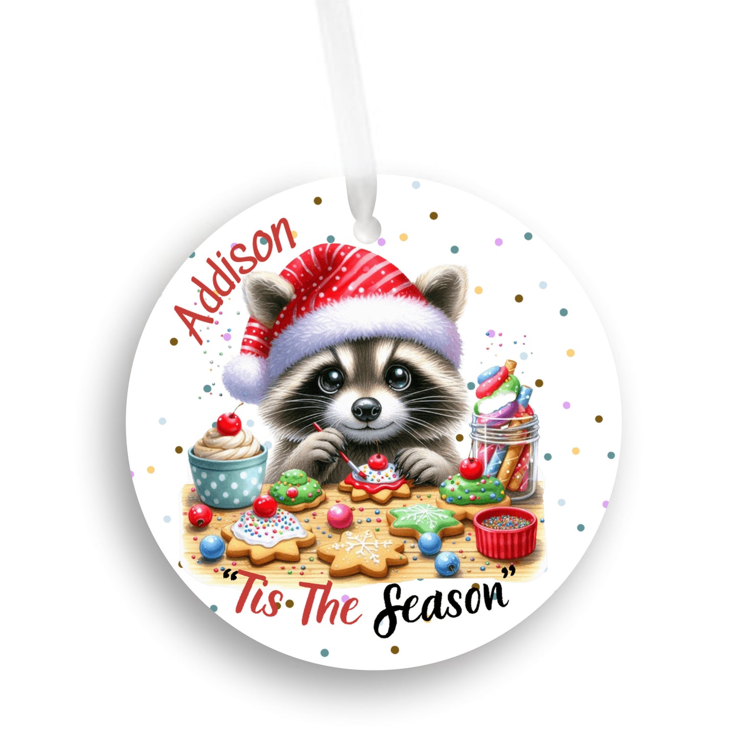 Personalized Merry Christmas Cute Raccoon Ornament, Tis the Season, Grandkids, Niece, Nephew, So Cute