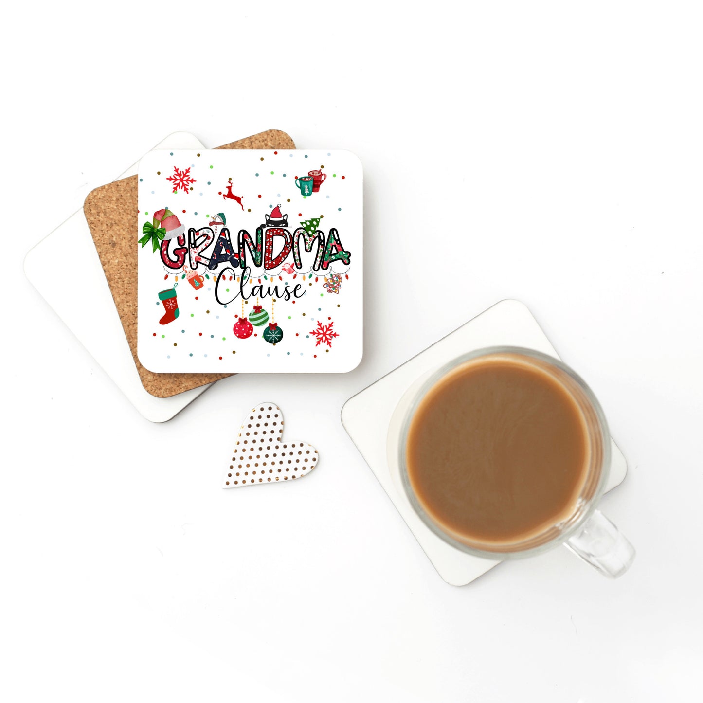 Grandma Clause Christmas Coaster, Special gift to give Grandma, coffee coaster with patterned Lettering, Pairs with Grandma Clause Christmas Mug