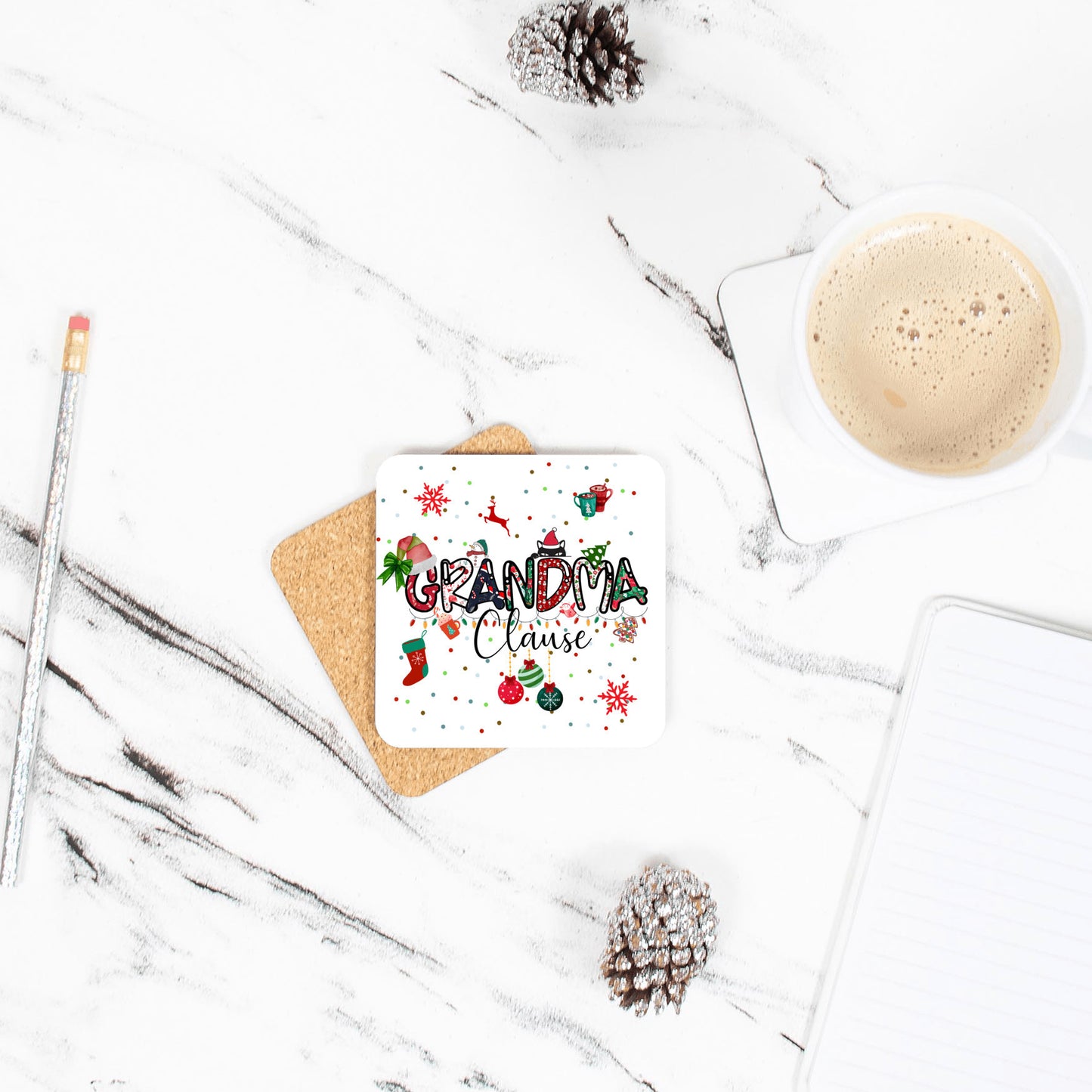Grandma Clause Christmas Coaster, Special gift to give Grandma, coffee coaster with patterned Lettering, Pairs with Grandma Clause Christmas Mug