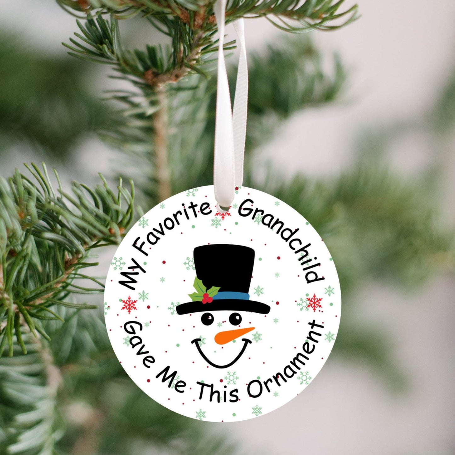 Christmas Ornament, Favorite Grandchild Gave to me, Fun Gift for Grandparents, White with Snowman Face,
