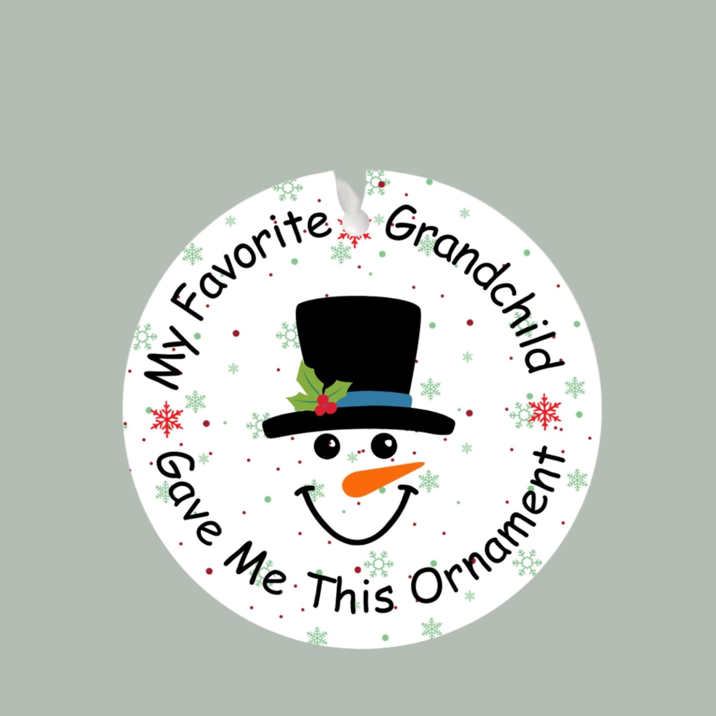 Christmas Ornament, Favorite Grandchild Gave to me, Fun Gift for Grandparents, White with Snowman Face,