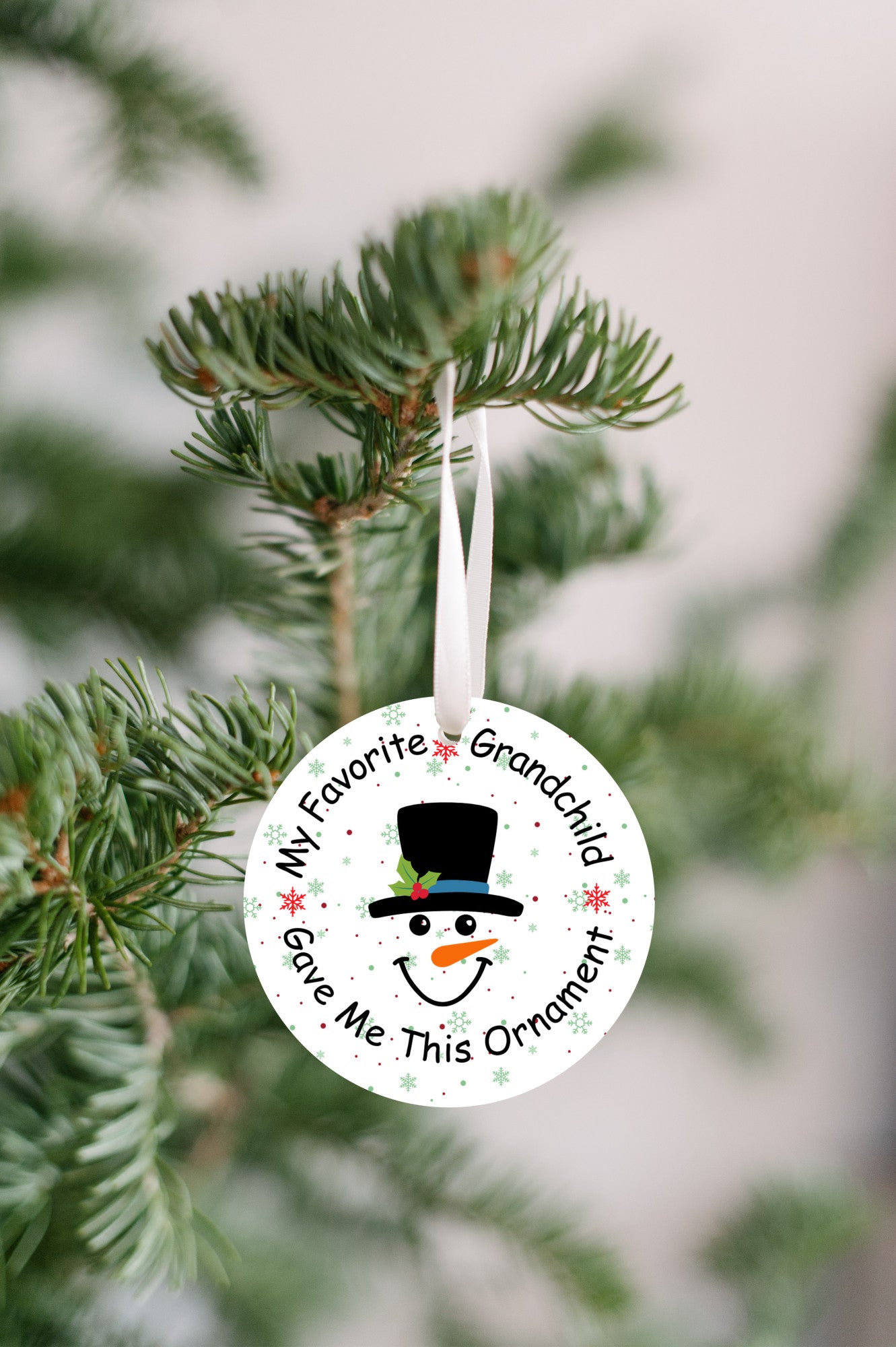 Christmas Ornament, Favorite Grandchild Gave to me, Fun Gift for Grandparents, White with Snowman Face,