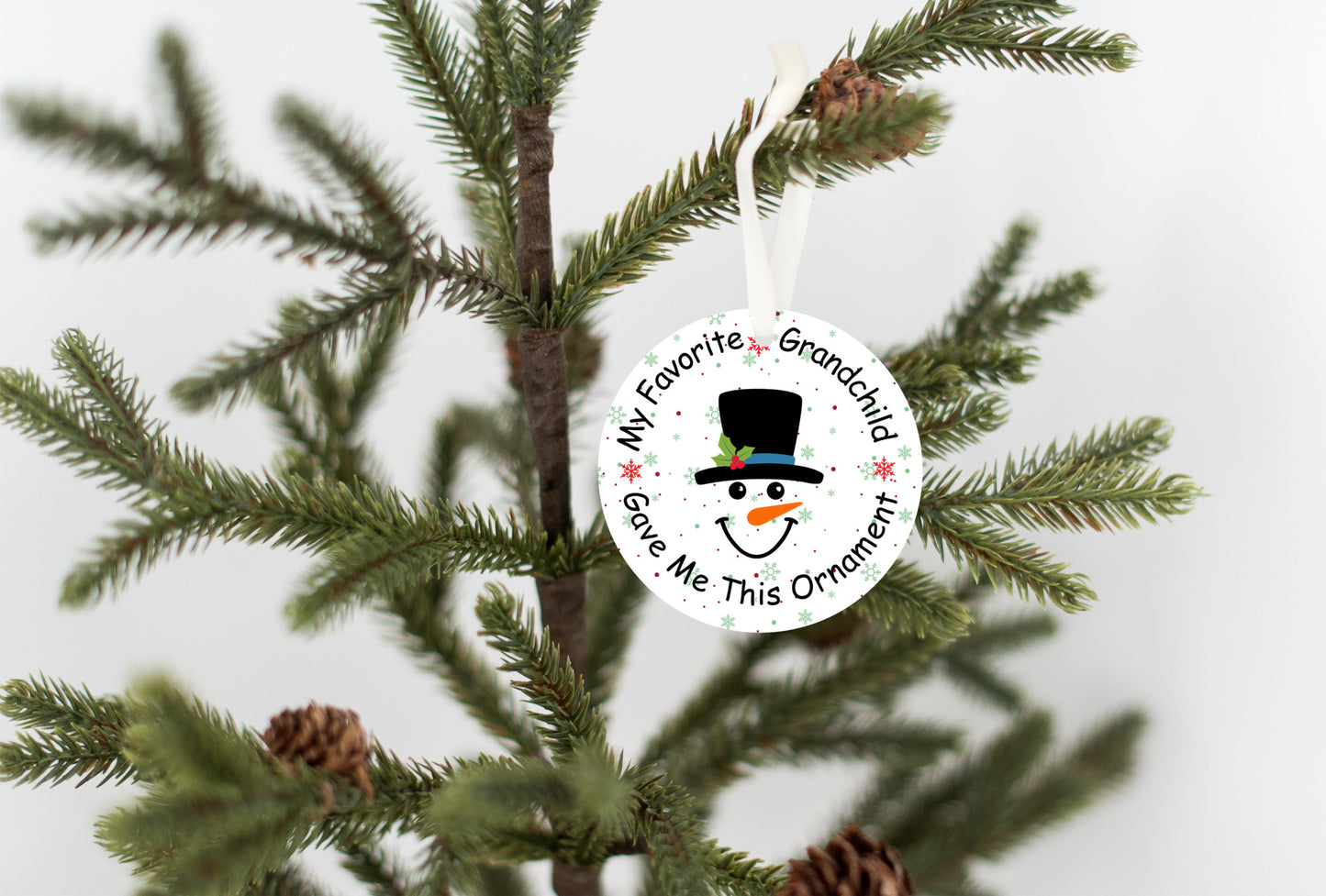 Christmas Ornament, Favorite Grandchild Gave to me, Fun Gift for Grandparents, White with Snowman Face,