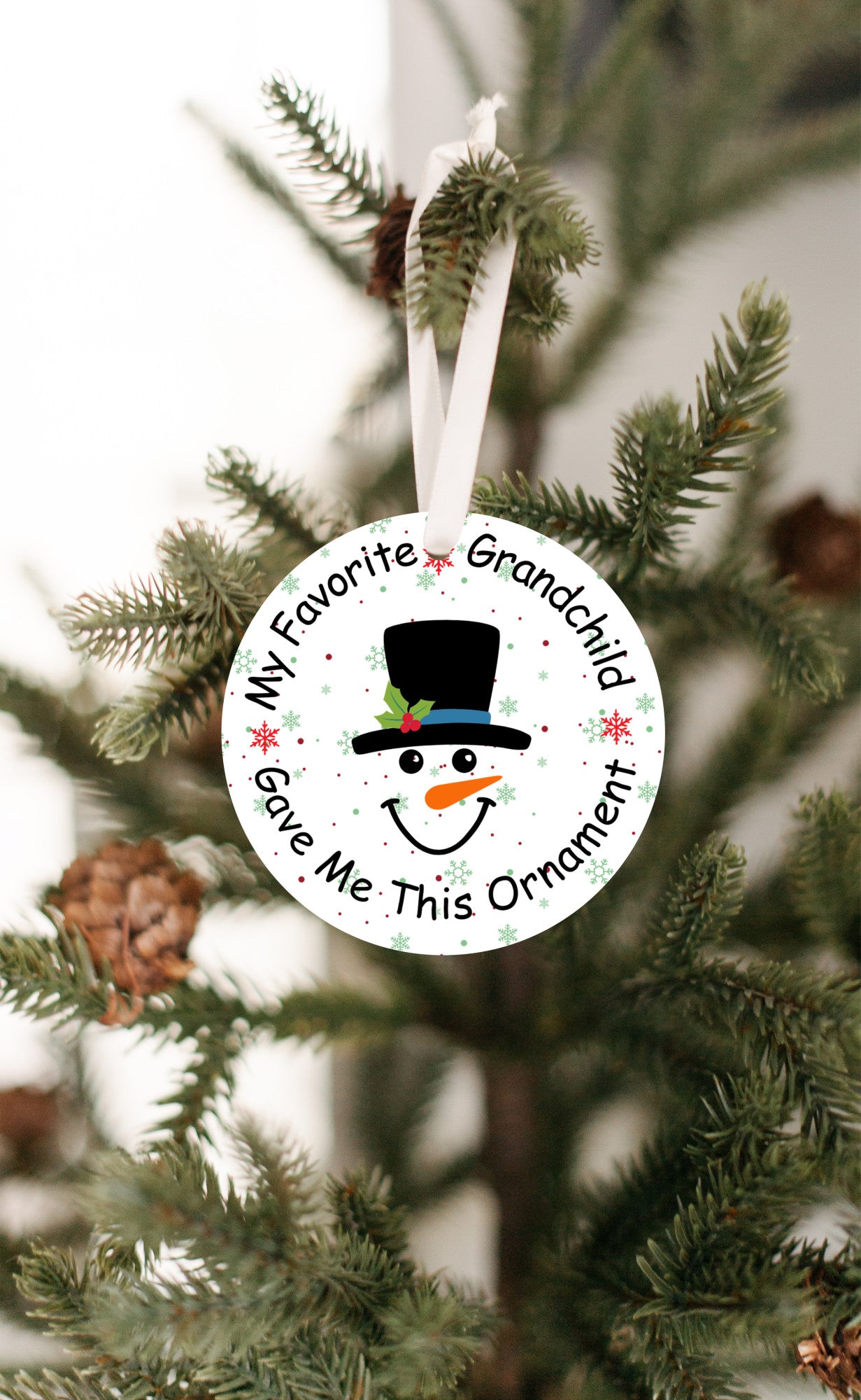 Christmas Ornament, Favorite Grandchild Gave to me, Fun Gift for Grandparents, White with Snowman Face,