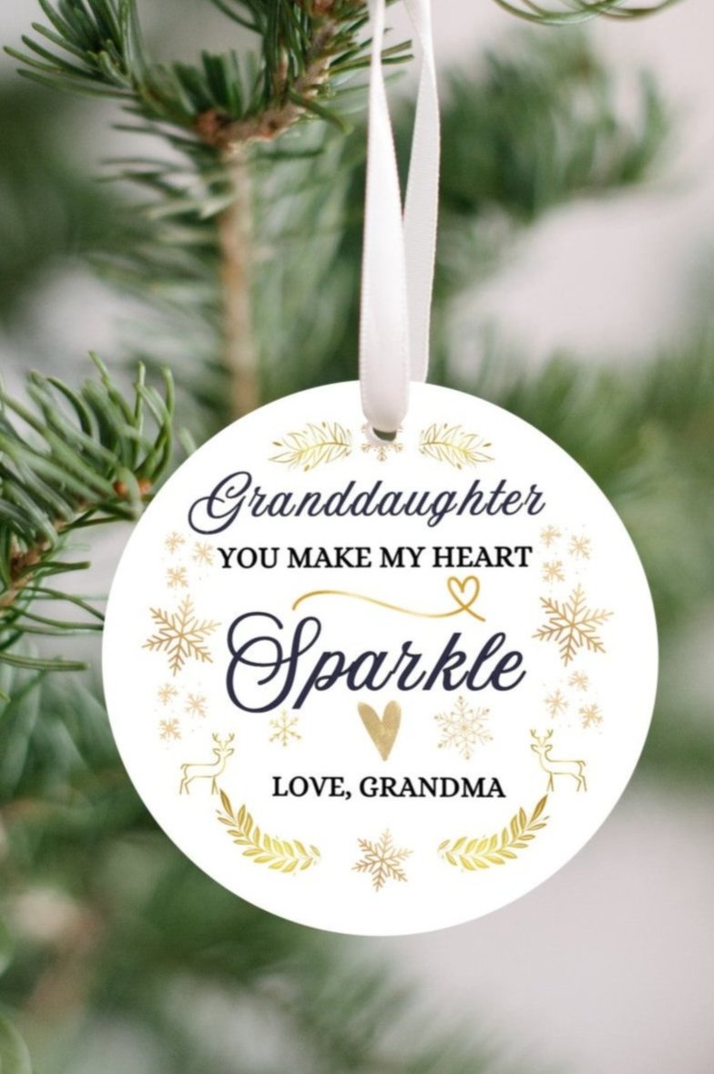 Granddaughter Christmas Ornament, From Grandma, You make my heart sparkle, Elegant script with delicate snowflakes and sparkles. Brings warmth and joy. Family Keepsake
