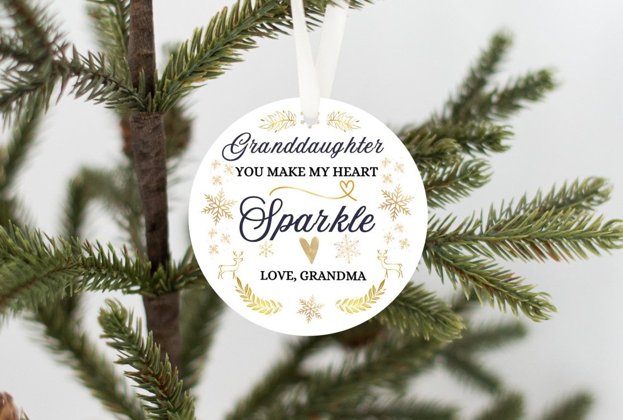Granddaughter Christmas Ornament, From Grandma, You make my heart sparkle, Elegant script with delicate snowflakes and sparkles. Brings warmth and joy. Family Keepsake