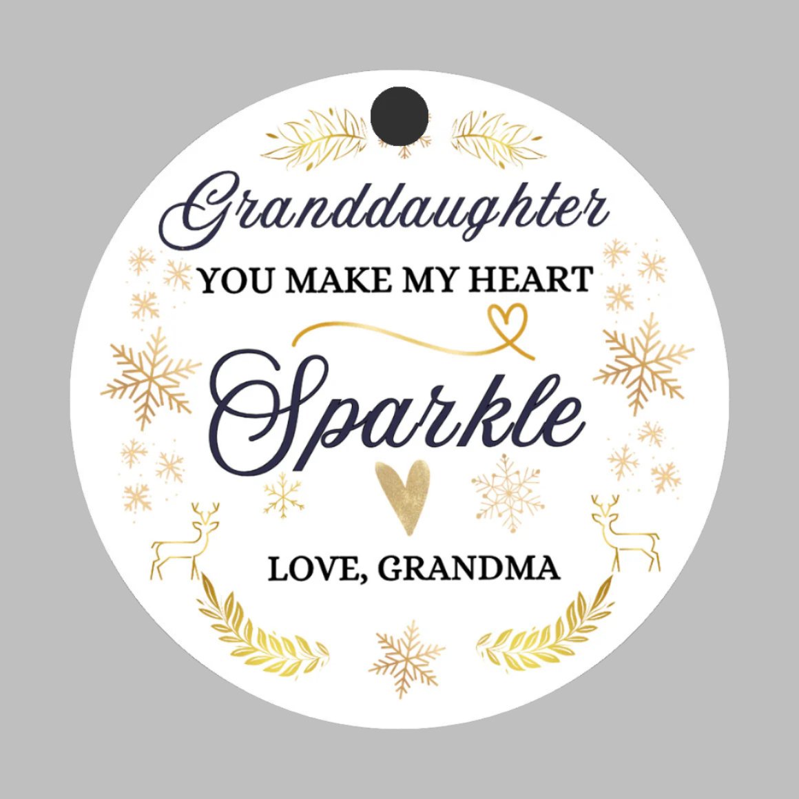 Granddaughter Christmas Ornament, From Grandma, You make my heart sparkle, Elegant script with delicate snowflakes and sparkles. Brings warmth and joy. Family Keepsake